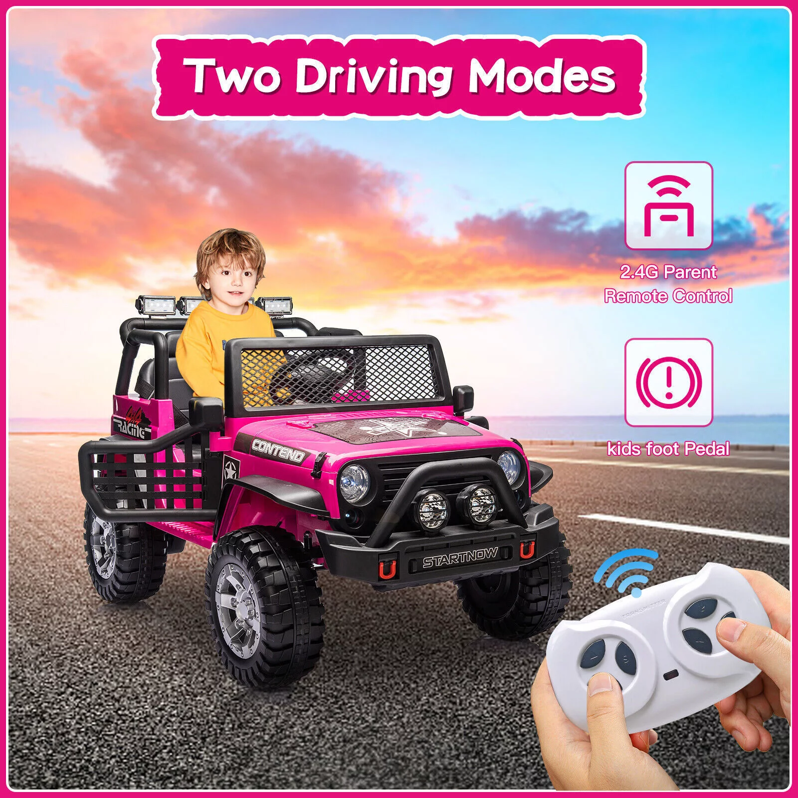 Dazone 12V Kids Ride on Jeep Car, Electric 2 Seats Off-road Jeep Ride on Truck Vehicle with Remote Control, LED Lights, MP3 Music, Black - Womvr