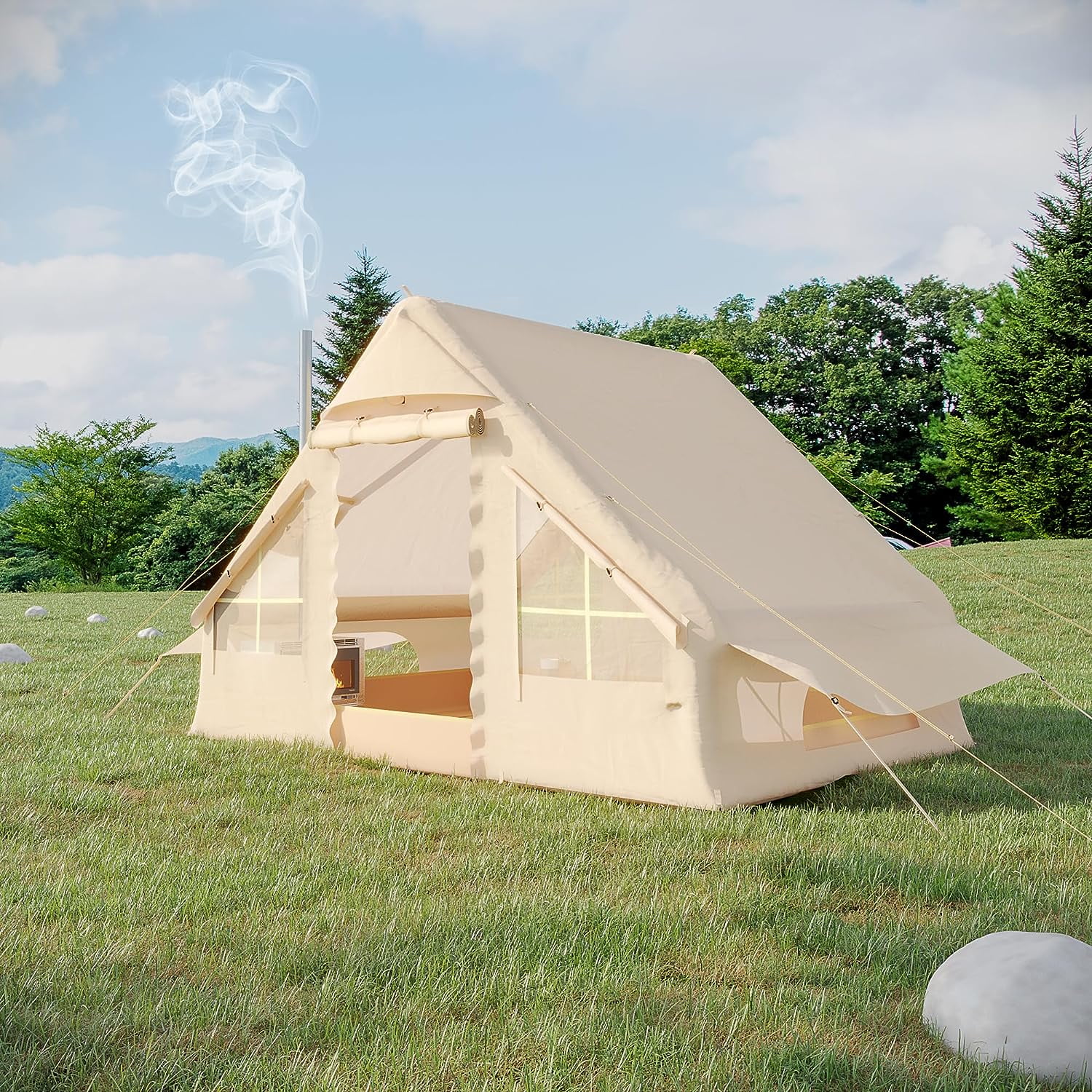 Richryce Extra Large Inflatable Camping Tent with Pump, Glamping Tents Easy Setup 4 Season Waterproof Windproof with Stove Jack & Mesh Windows & Pump - Womvr