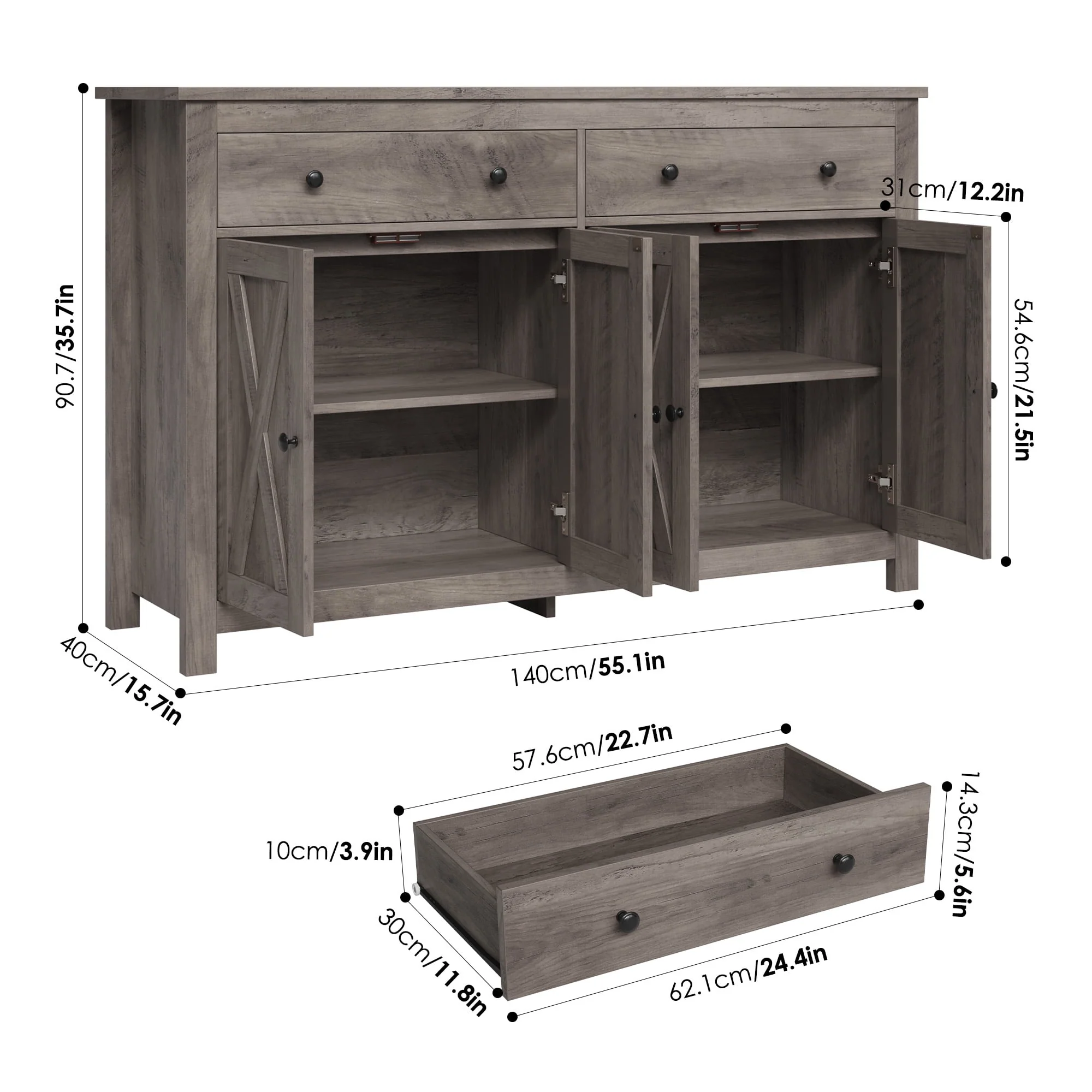 Homfa 4-Doors 2-Drawers Farmhouse Storage Cabinet, Wood Sideboard with Adjustable Shelves for Kitchen Dining Room, White - Womvr