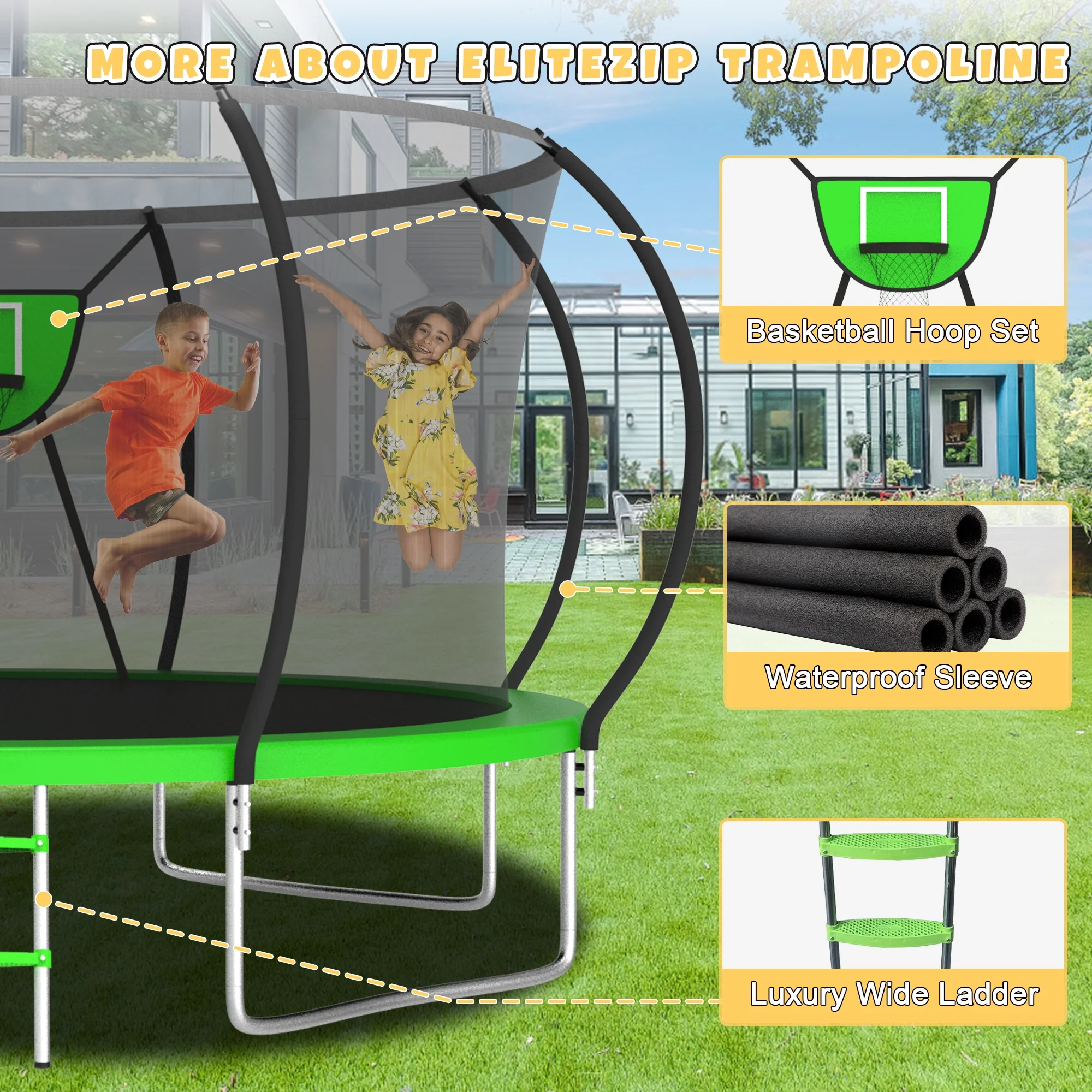 Elitezip Trampoline 12FT Trampoline for Kids and Adults, 1500LBS Heavy Duty Trampoline with Enclosure and Basketball Hoop, Outdoor Trampoline Easy Assembly - Womvr