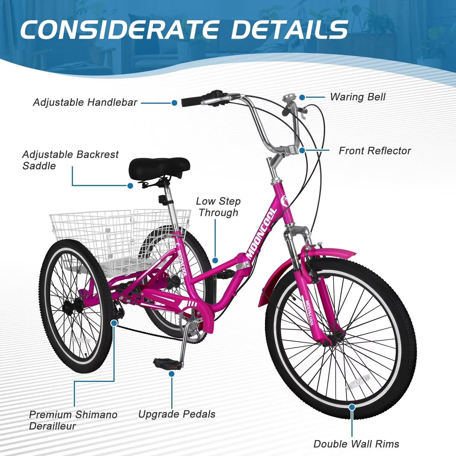 MOPHOTO 20/24/26 inch Adult Tricycle Folding 3 Wheel Cruiser Bikes 7 Speed, Portable and Foldable Trikes with Cargo Basket for Men & Women Outdoor Cycling, Purple - Womvr