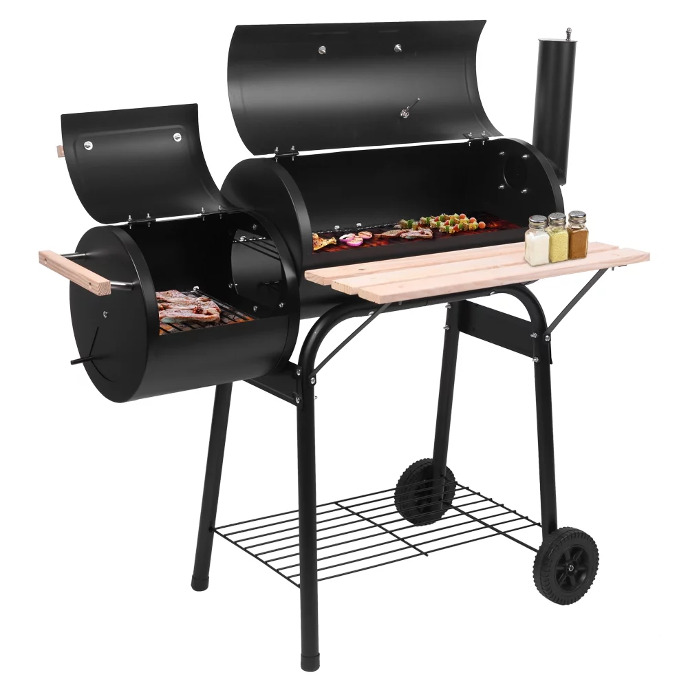 Charcoal Grill, Portable Charcoal Grill and Offset Smoker, Stainless Steel BBQ Smoker with Wood Shelf, Thermometer, Wheels, Charcoal BBQ Grill for Outdoor Picnic, Patio, Backyard, Camping, JA1167 - Womvr