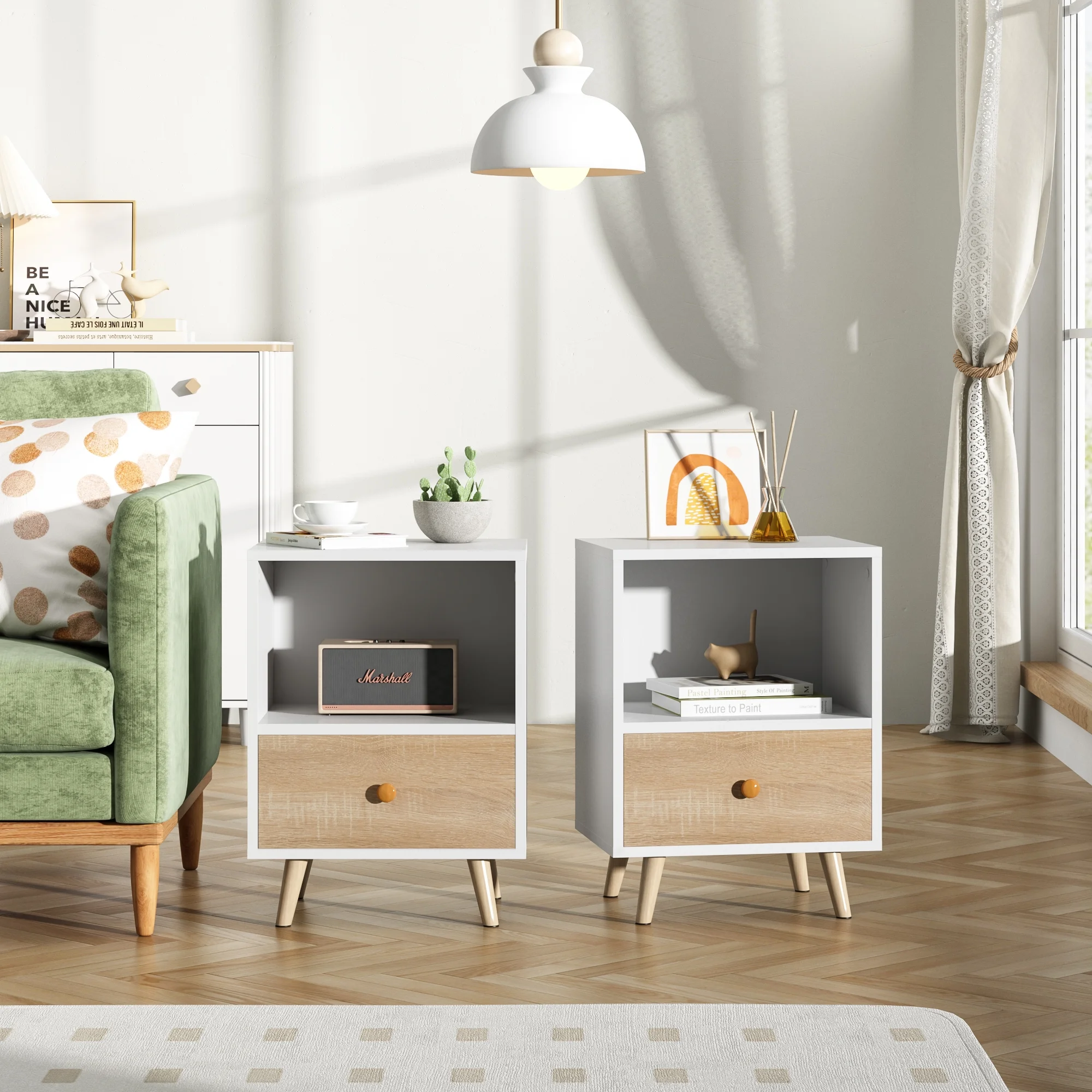 JAXPETY Nightstands Set of 2, Night Stand with 1 Drawer and Open Shelf Storage, End Table, Side Table, for Bedroom, Living Room, Natural Wood & White - Womvr
