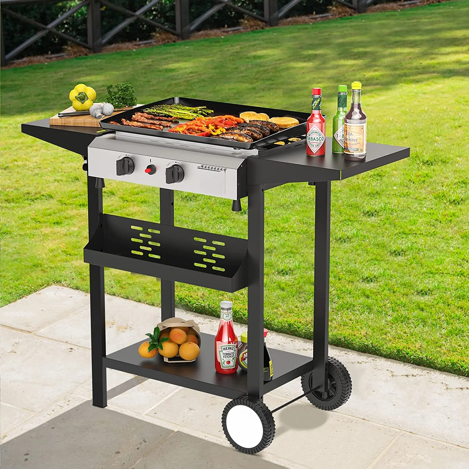 SKOK 3 Burner Gas Griddle-Outdoor Propane Griddle-BTU Propane Fuelled, Portable Flat Top Gas Grill Camping Griddle Station with Side Shelves for Kitchen - Womvr