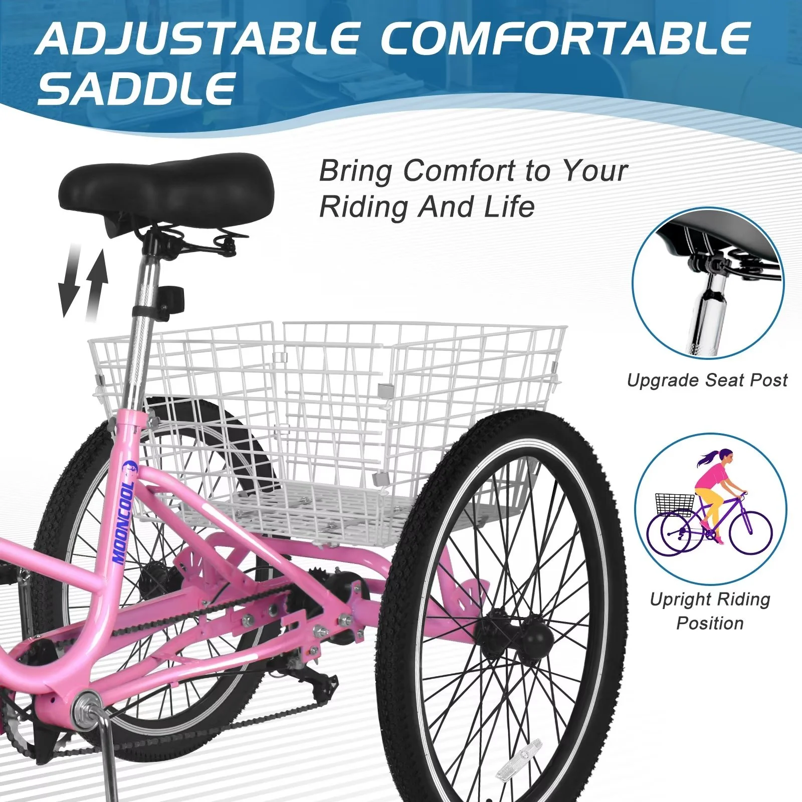 MOPHOTO 20/24/26 inch Adult Tricycle Folding 3 Wheel Cruiser Bikes 7 Speed, Portable and Foldable Trikes with Cargo Basket for Men & Women Outdoor Cycling, Purple - Womvr