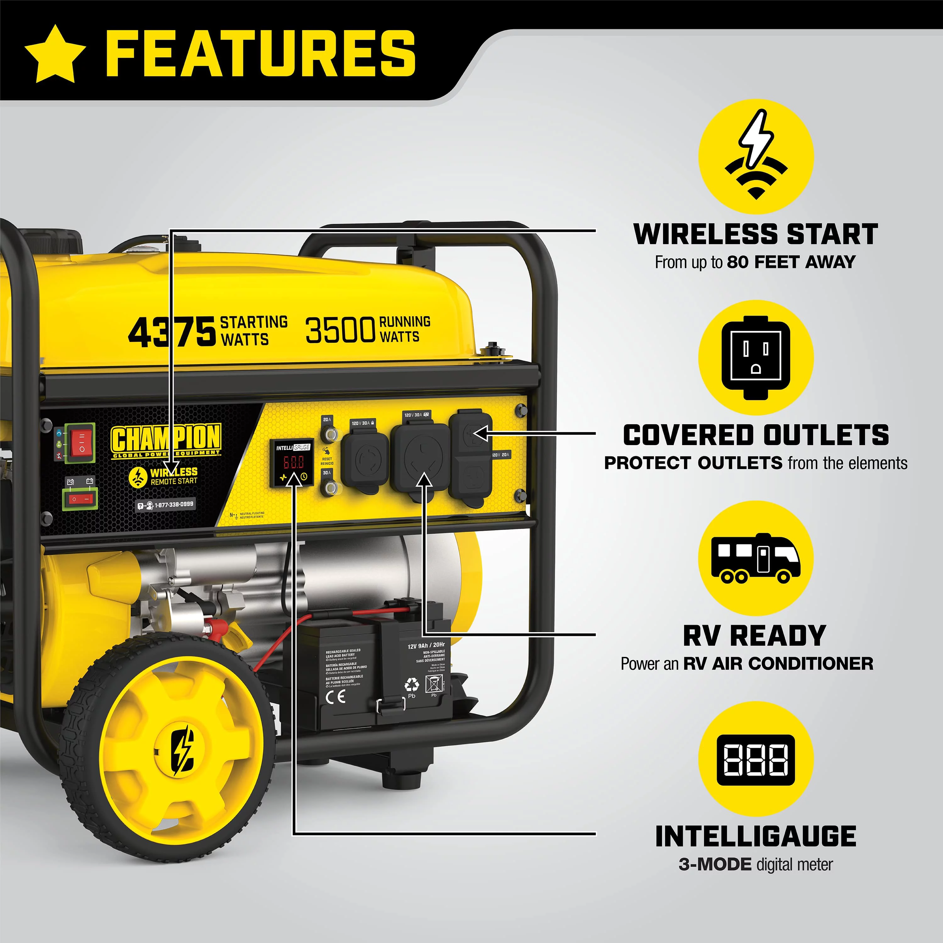 Champion Power Equipment 4375/3500 Watts RV Ready Portable Generator, Remote Start (CARB) - Womvr