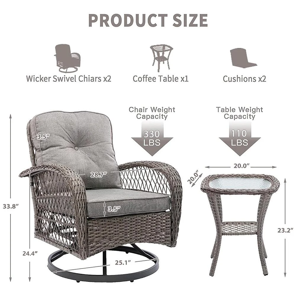 3 Piece Outdoor Bistro Swivel Chairs Set, Patio Bistro Set w/ 360° Swivel Rocking Chairs & Table, All-Weather Conversation Set with Metal Frame for Patio Backyard Porches or Garden - Khaki - Womvr