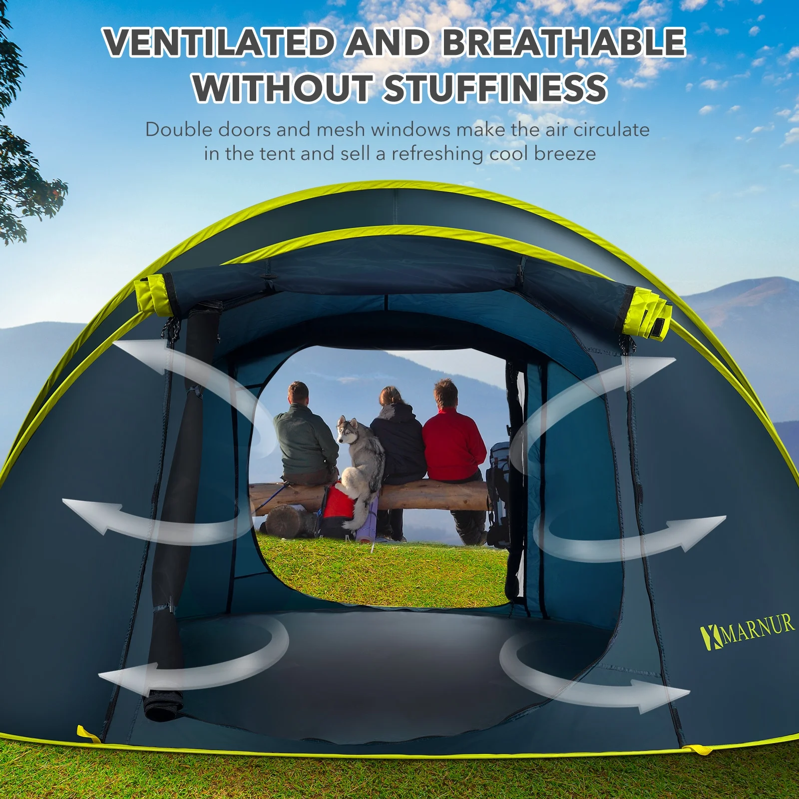 MARNUR Instant Tent 4-Person Camp Tent, Auto Setup Pop Up Tent, Waterproof, Huge Door & Windows, Dark Blue - Womvr