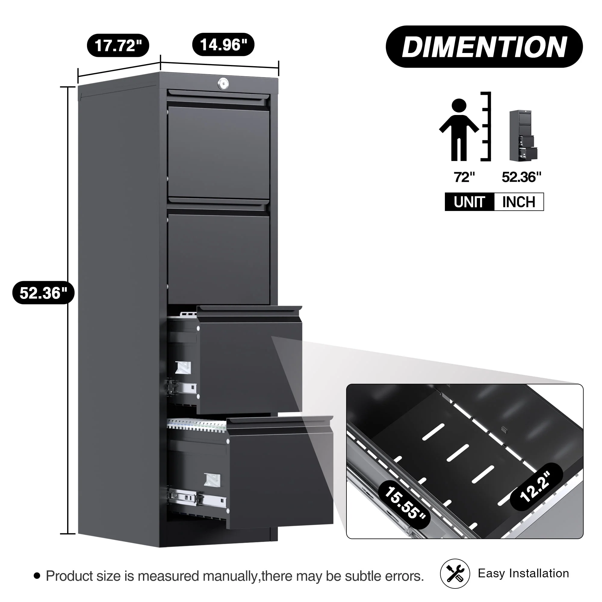 SUPEER 4 Drawer File Cabinet , Metal Vertical File Storage Cabinet with Lock, Office Home Steel Vertical File Cabinet for A4 Letter /Legal Size, 14.96