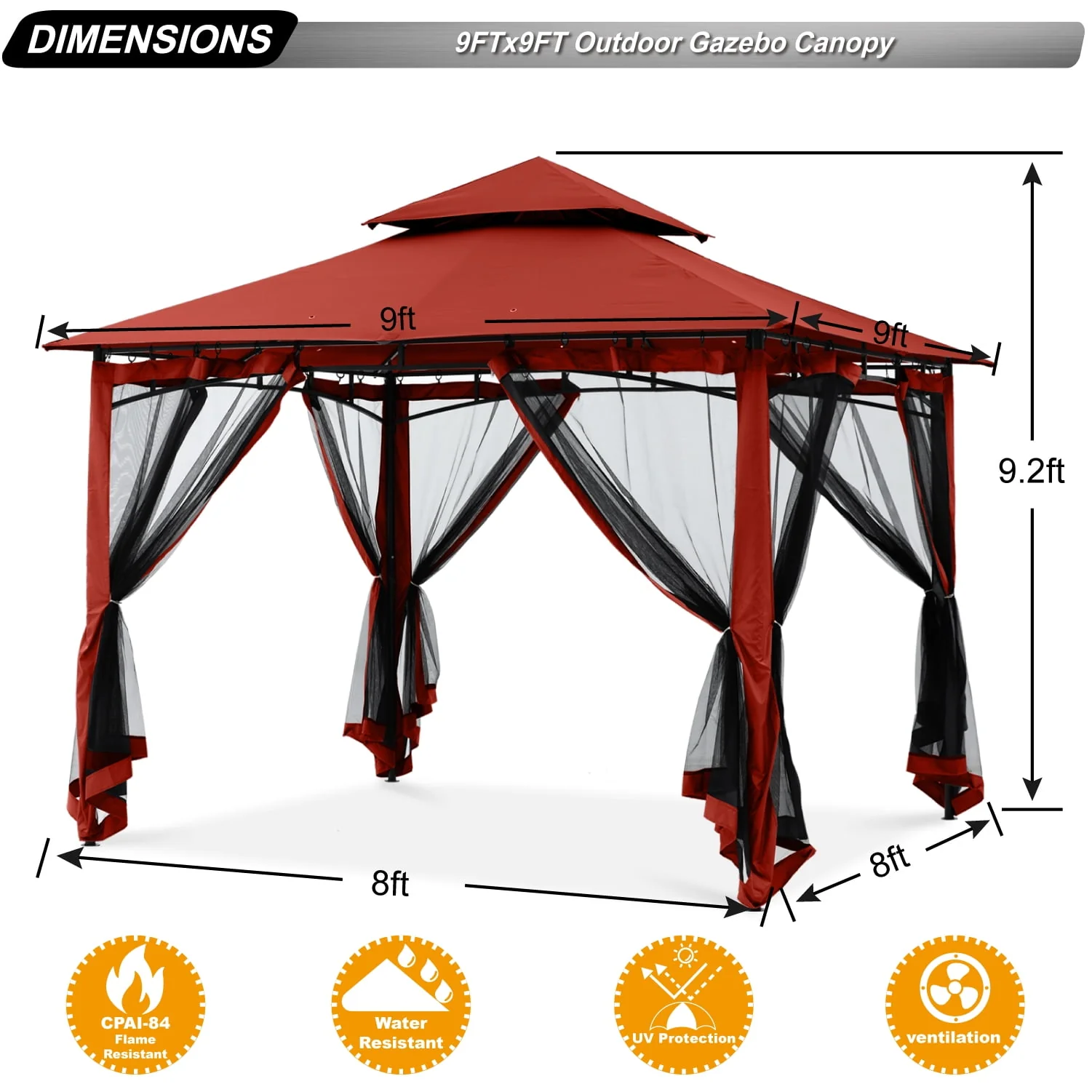 ABCCANOPY 9'x9' Patio Gazebo With Mosquito Netting and Double Soft Roof Canopies for Shade and Rain,Rust Red - Womvr
