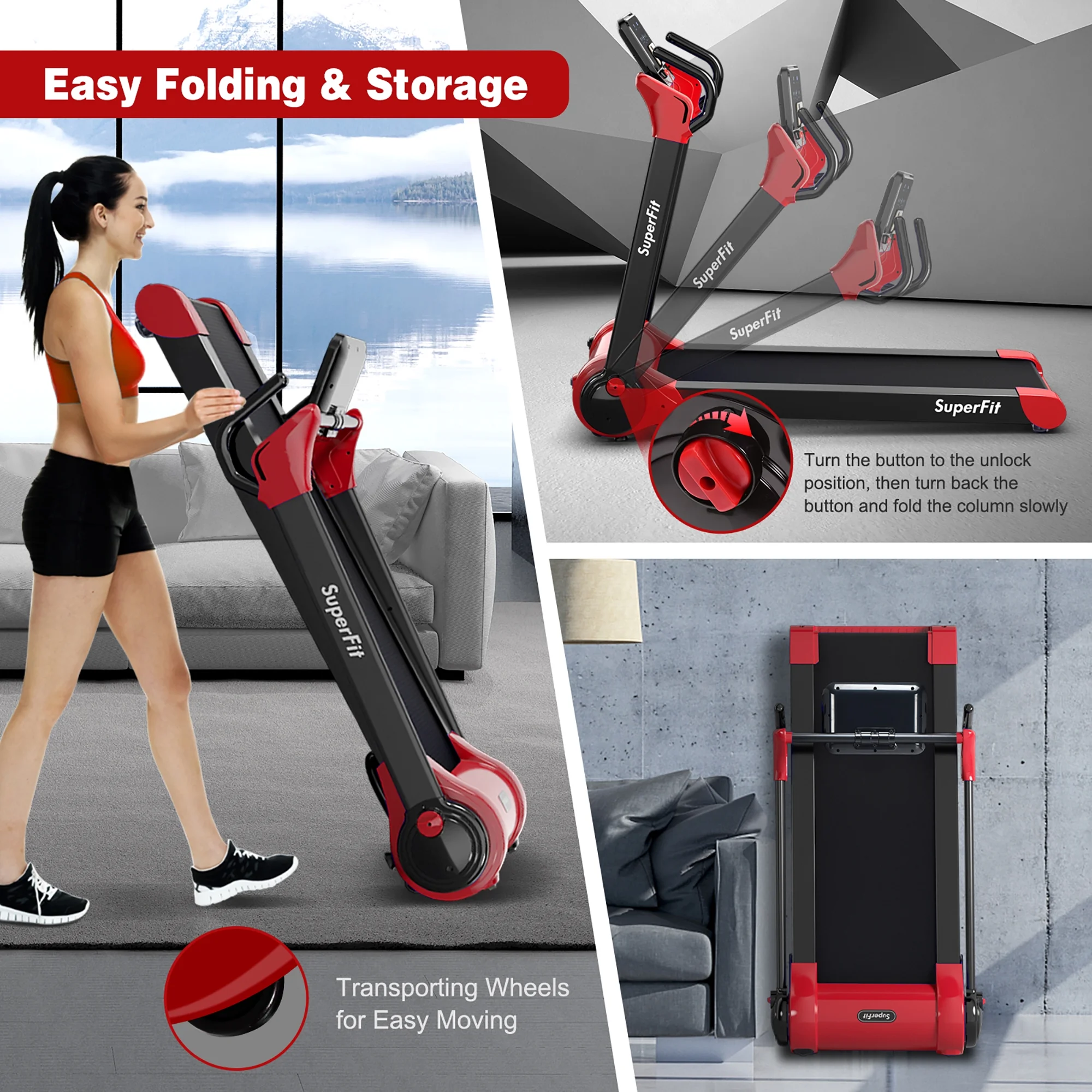 Superfit Folding 2.25HP Electric Treadmill Running Machine APP Control Bluetooth Black - Womvr