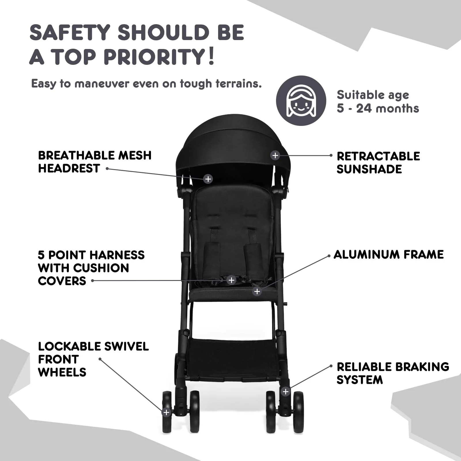 HARPPA Lightweight Travel Stroller, Compact Umbrella Stroller for Babies, Easy Folding, Black - Womvr