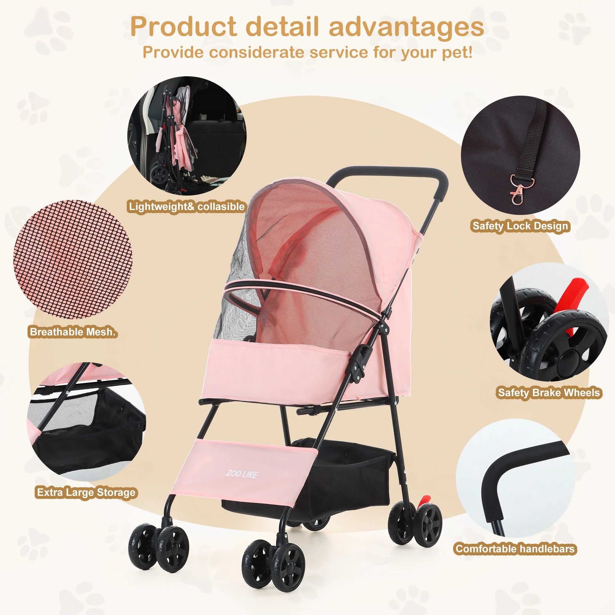Zoolike Pet Stroller Cat Dog Cage Stroller Travel Folding Carrier .Foldable Carrier Strolling Cart for Small Medium Dog, Cat W/ Storage Basket ,Safety Tether ,Black - Womvr