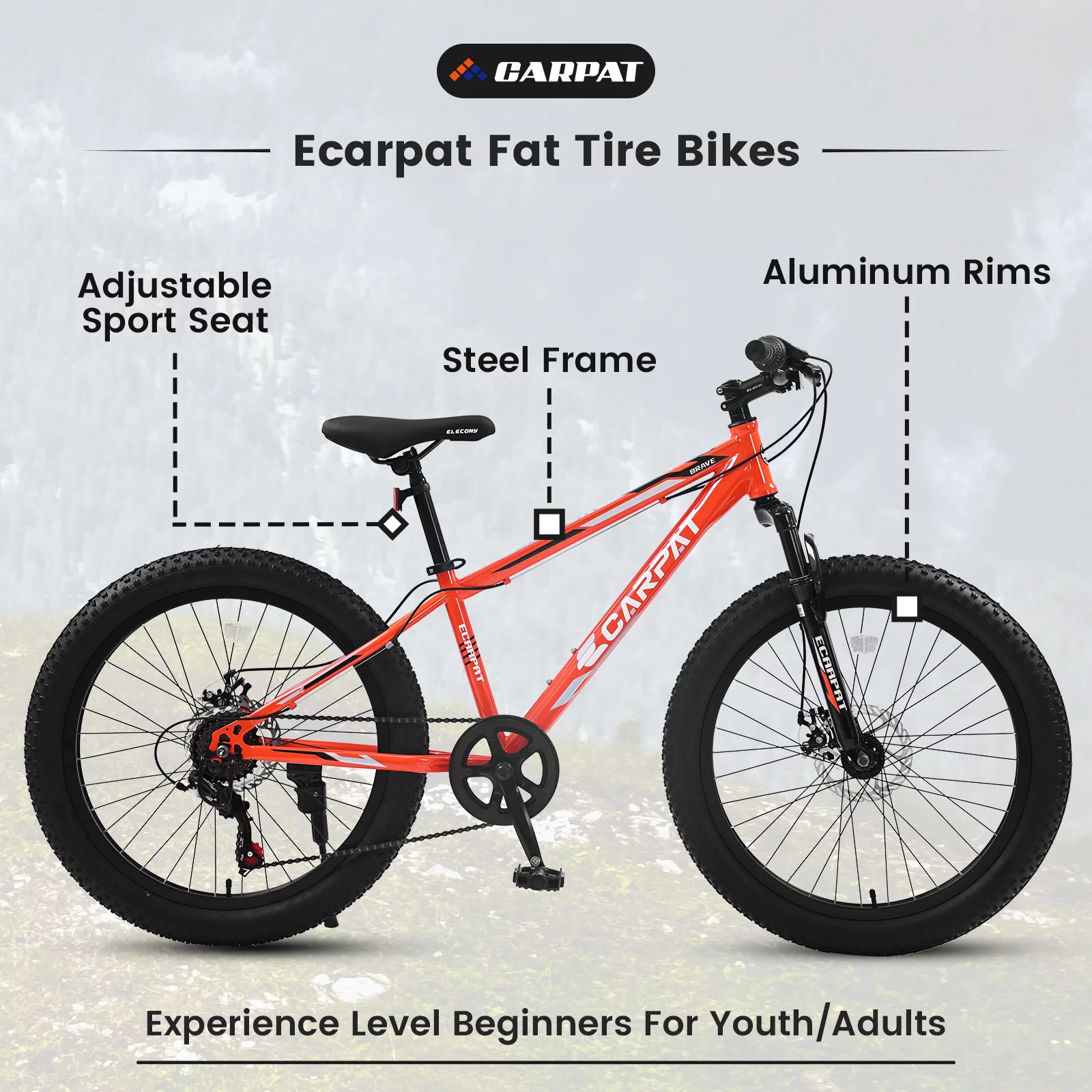 24 inch Fat Tire Bike, Shimano 7-Speed, Dual-Disc Brakes, Orange Trail Mountain Bike for Adult/Youth - Womvr