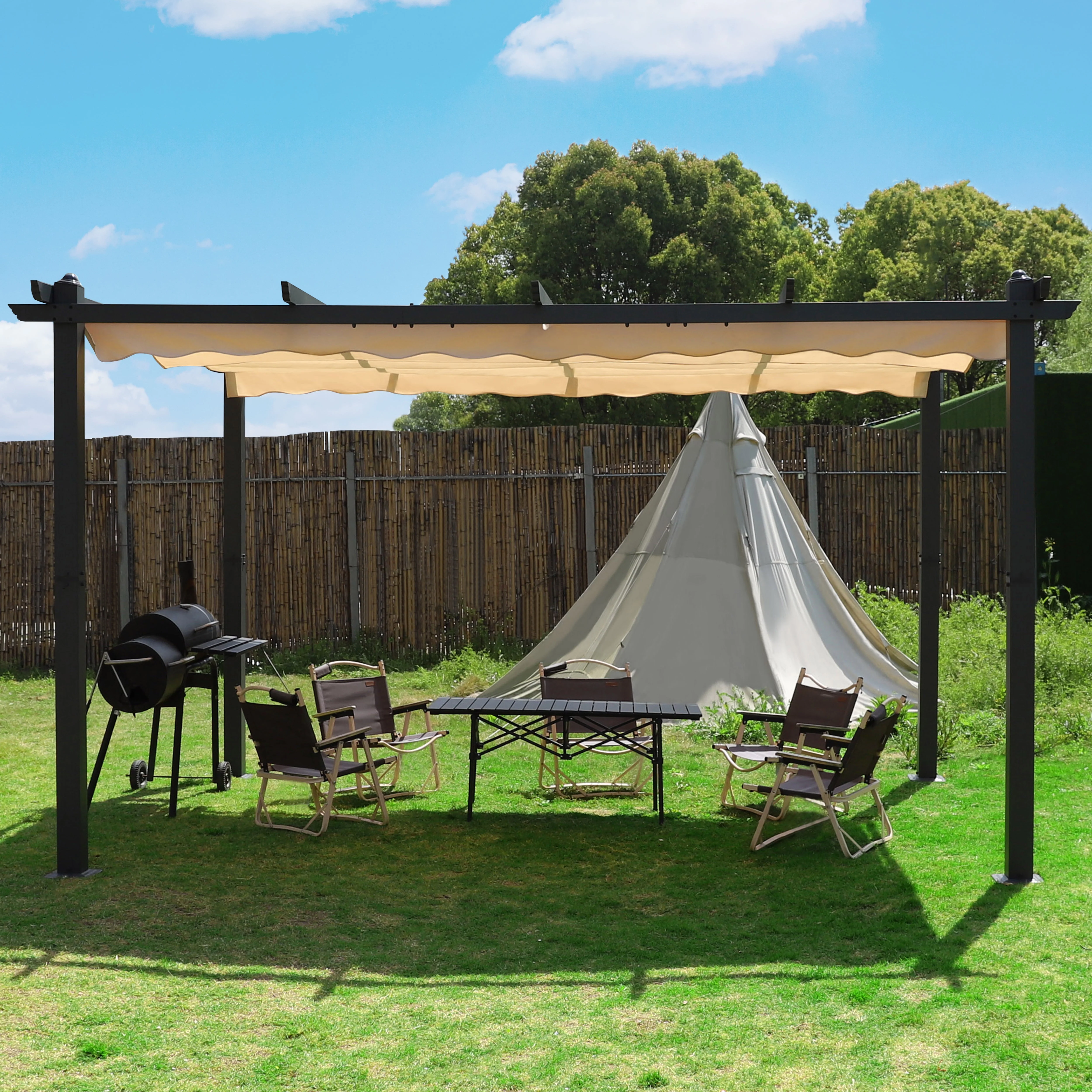 VEIKOUS 10' x 10' Outdoor Metal Pergola, Aluminum Gazebo w/Retractable Canopy for Patio, Gray - Womvr