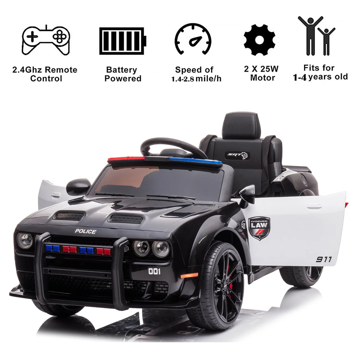 Dodge Challenger 12 V Powered Ride On Car with Remote Control, SRT Hellcat Toys for Kids, Black - Womvr
