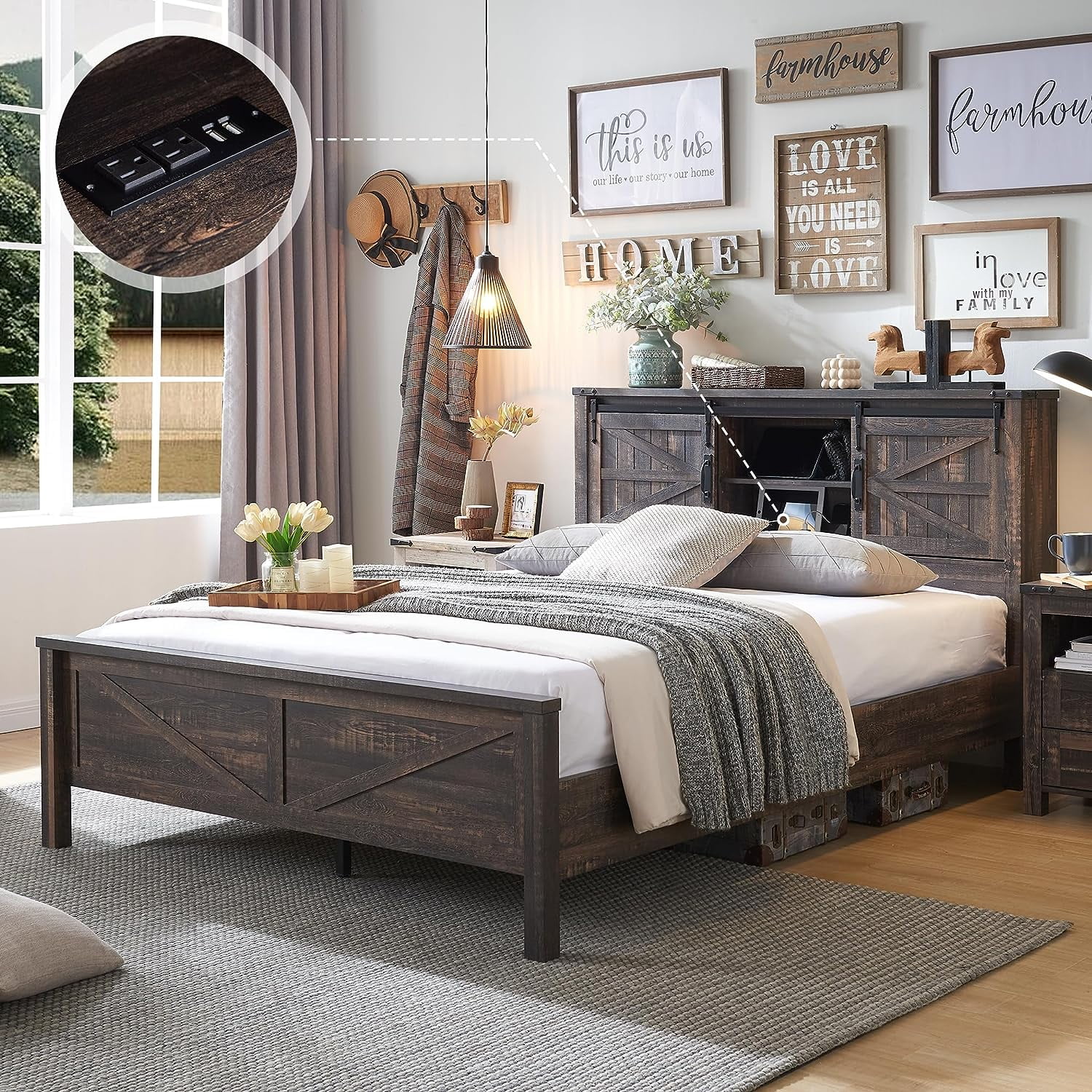 OKD Modern Farmhouse Full Platform Bed with Bookcase Headboard Storage and Charging Station, No Box Spring Needed, Anitique White Finish - Womvr