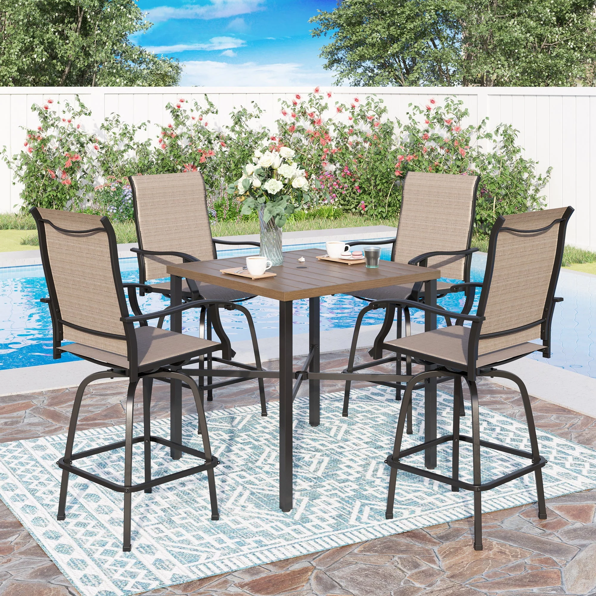 Sophia & William 2 Pcs Outdoor Swivel Metal Bar Stools Patio Height Textilene Chairs in Brown - Womvr