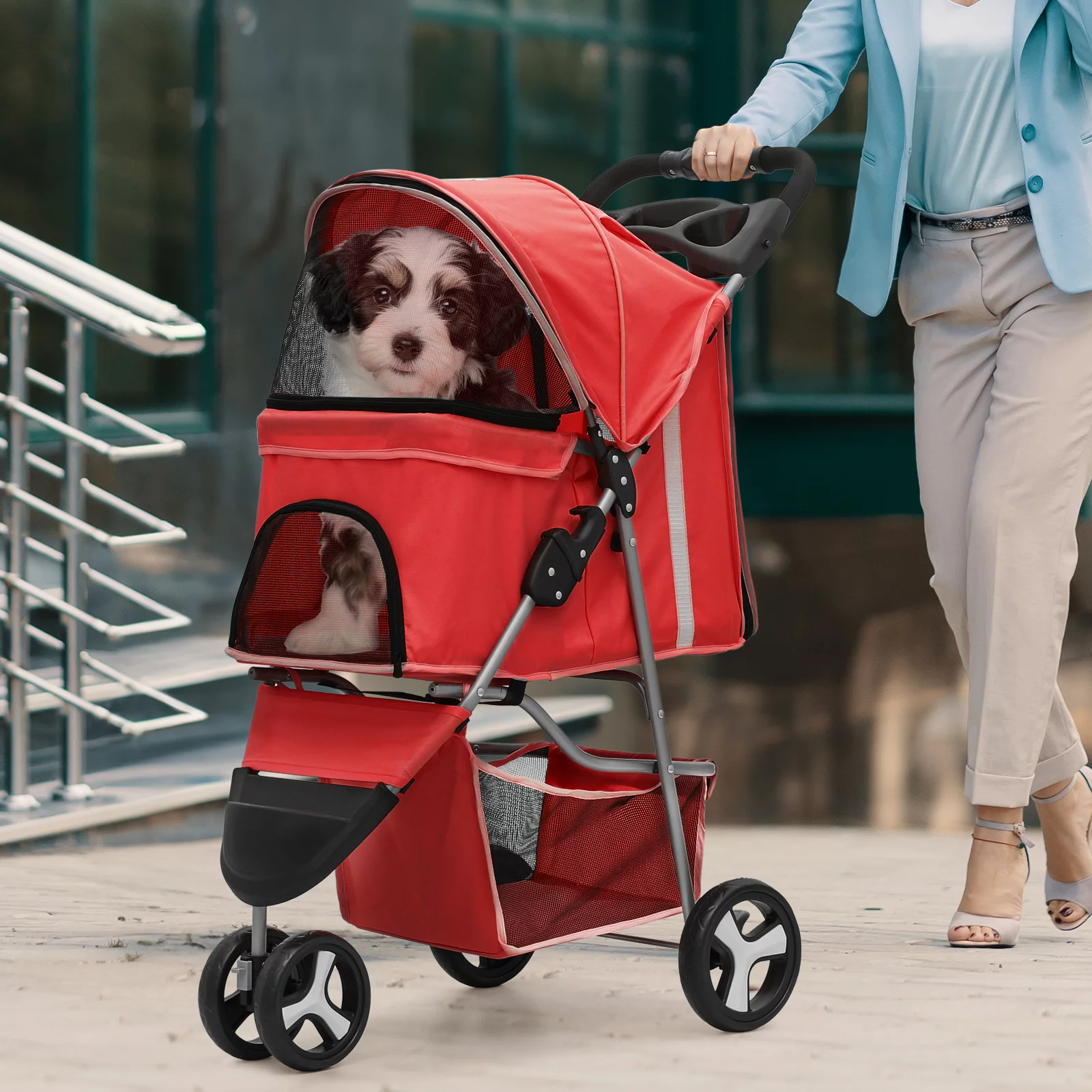 Magshion Foldable Pet Dog Stroller with Wheels, Cat Dog Stroller with Storage Basket and Cup Holder for Small and Medium Cats, Dogs, Puppy, Navy Blue - Womvr