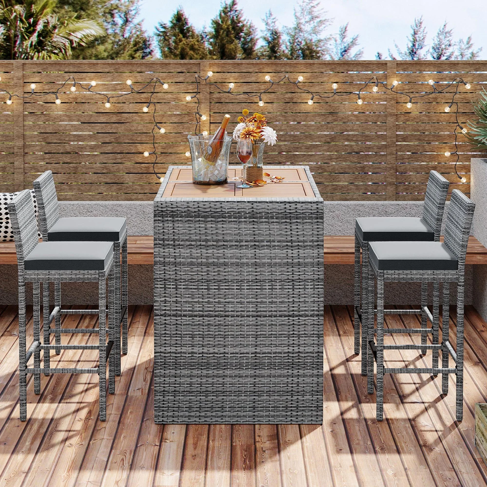 SESSLIFE 5 Piece Outdoor Rattan Dining Set with Storage Shelf, Patio Bar Table and 4 Stools Set, Modern Gray Wicker Outdoor Furniture Sets - Womvr
