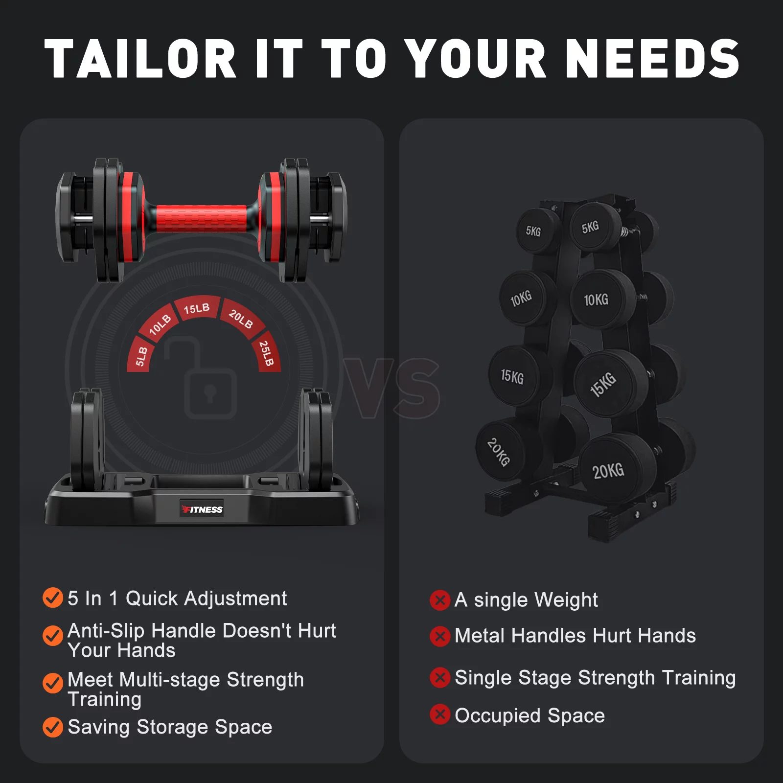 GIKPAL 110lb(505lb*2) Adjustable Dumbbells, 5-50lbs Dumbells Adjustable Free Weights Plates with Tray for Workout Strength Training Fitness Women / Men,Pair, Black - Womvr