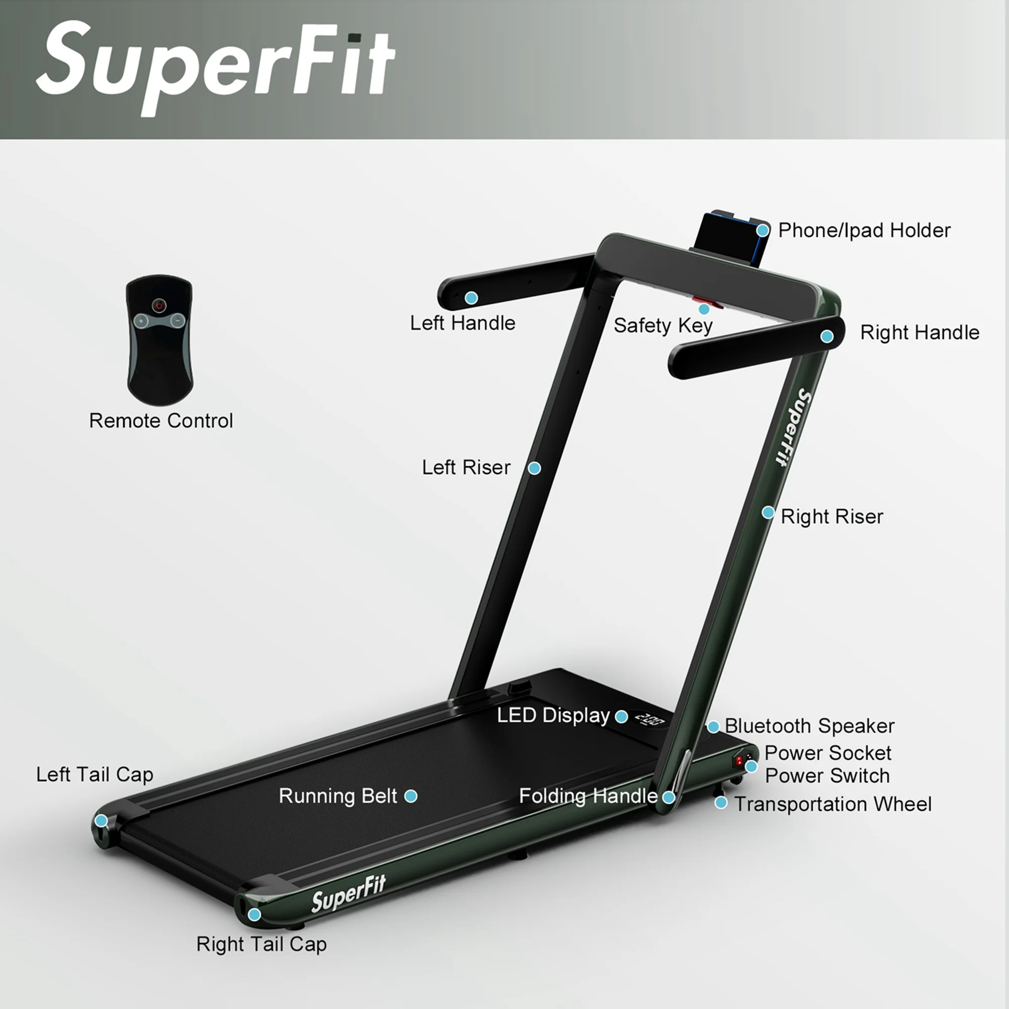 SuperFit Up To 7.5MPH 2.25HP 2 in 1 Single Display Screen Folding Treadmill Remote Control W/ APP Control Speaker Black - Womvr