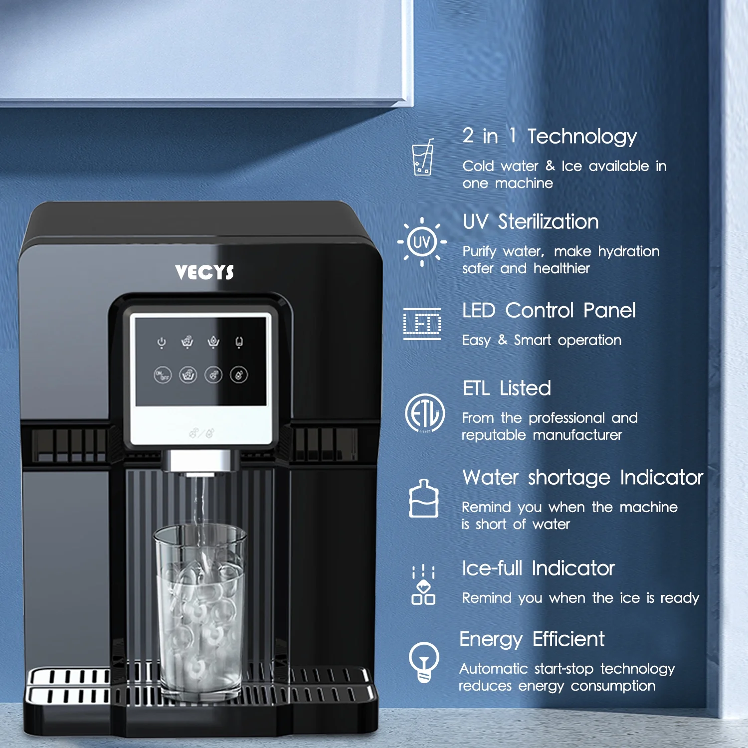 VECYS Water Cooler Dispenser with Built-in Ice Maker, 26LB Daily Ice Production and Refreshing Cold Water for Home and Office Countertop Use (NO Hot Water) - Womvr