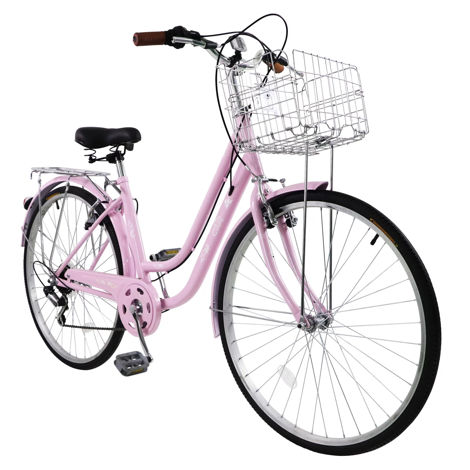 UBesGoo 26 inch Commuter Bicycle, with Shimano 7-speed, Baskets, for Leisure Picnics & Shopping, Pink - Womvr