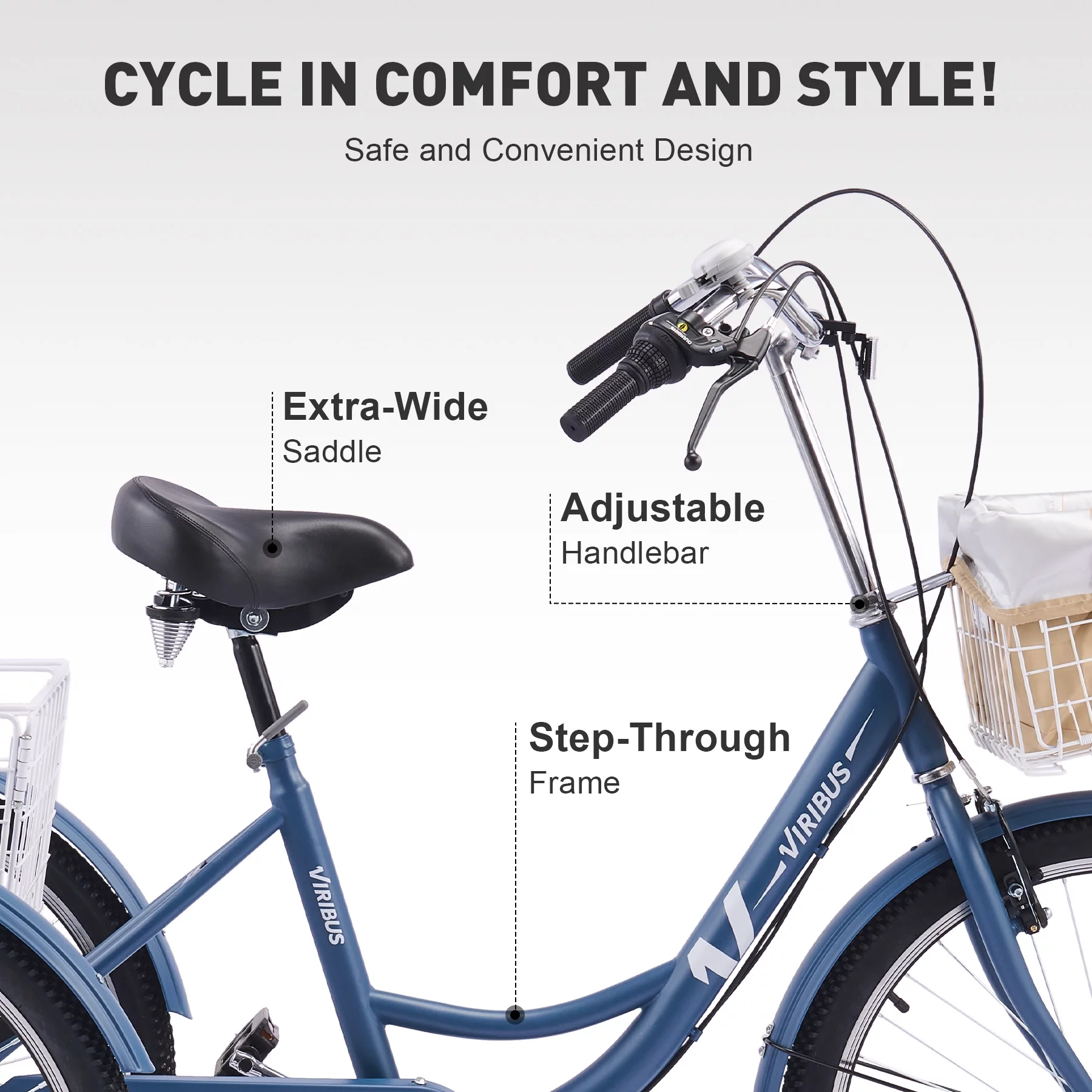 VIRIBUS 24 Inch Adult Trike 7 Speed Bike w Adjustable Seat 2 Baskets Matte Gray - Womvr