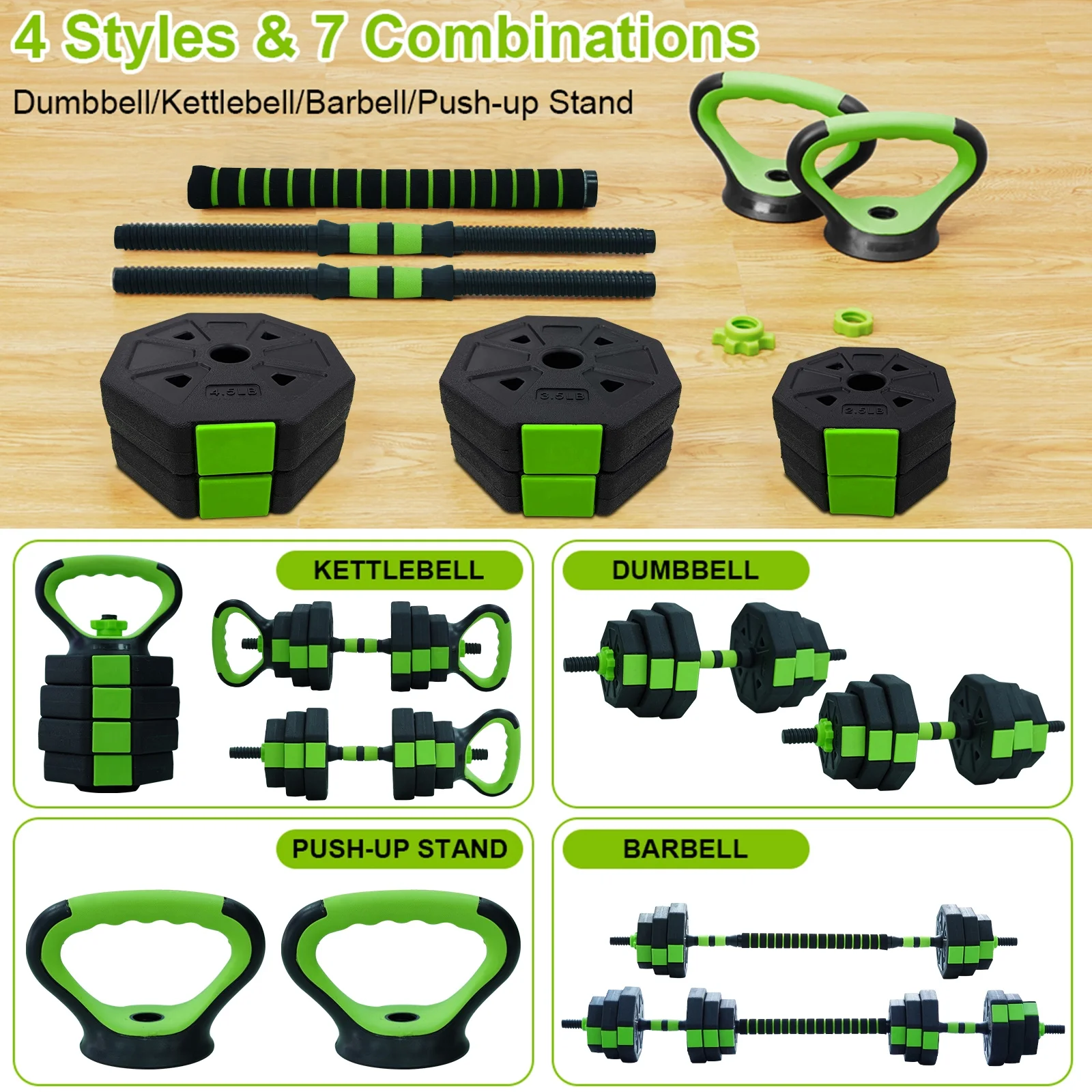 Tuekys 4-in-1 Adjustable Dumbbells Set Barbell Kettlebells Push-up-Stand 66 Pounds for Home Gym Fitness Exercises - Womvr
