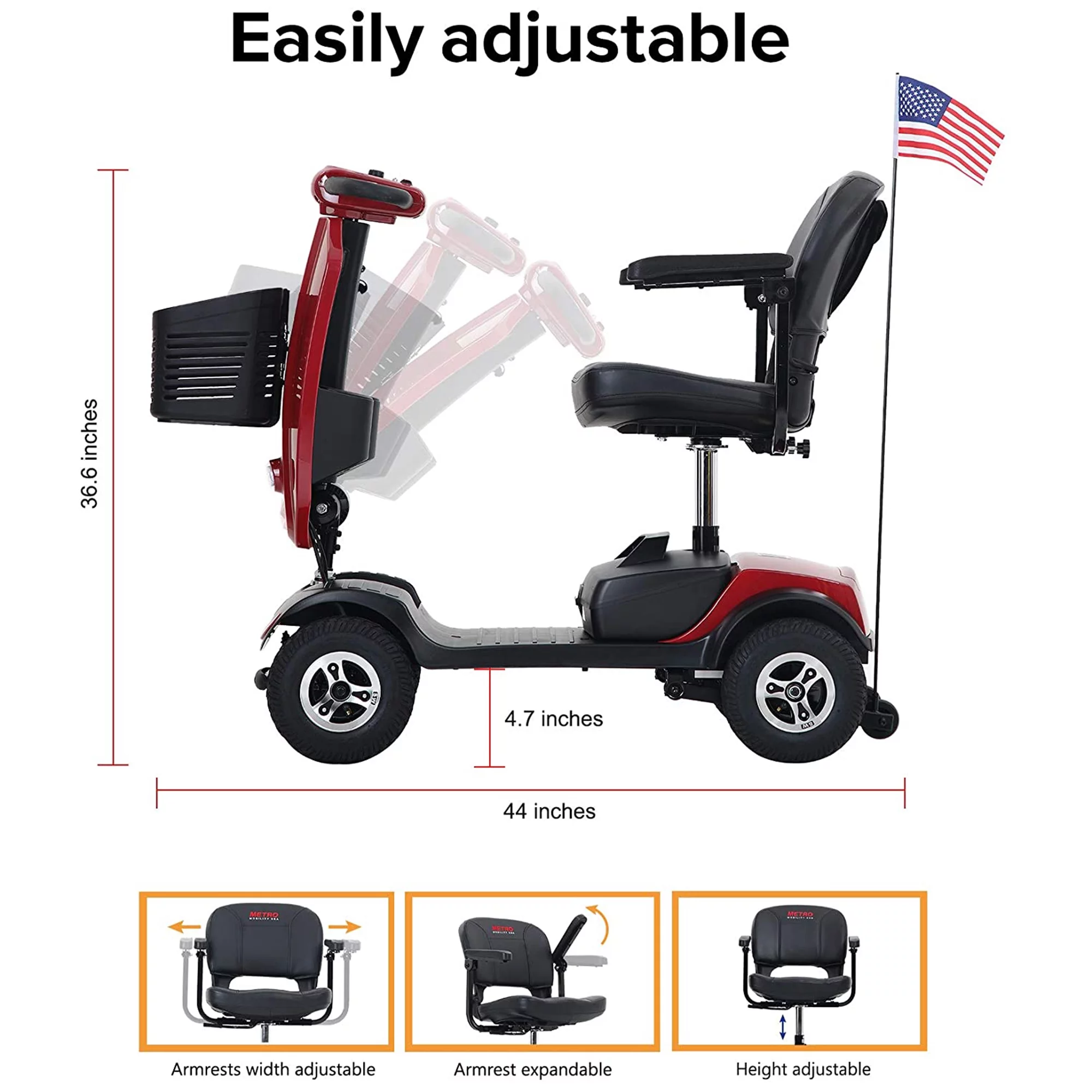 Segmart Mobility Scooter for Seniors, 20''W Armrest, Windshield, Rear Suspension, Front Rear Light, Cup Holder, USB Charging Port, Gift Flag, 300lbs, Red - Womvr