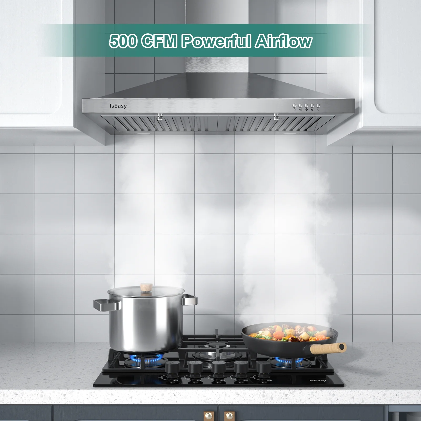 Range Hood 30 inch, IsEasy Wall Mount Vent Hood 500 CFM with Ducted Convertible Ductless Kitchen Hood in Stainless Steel, 3 Speed Exhaust Fan, LED Lights - Womvr