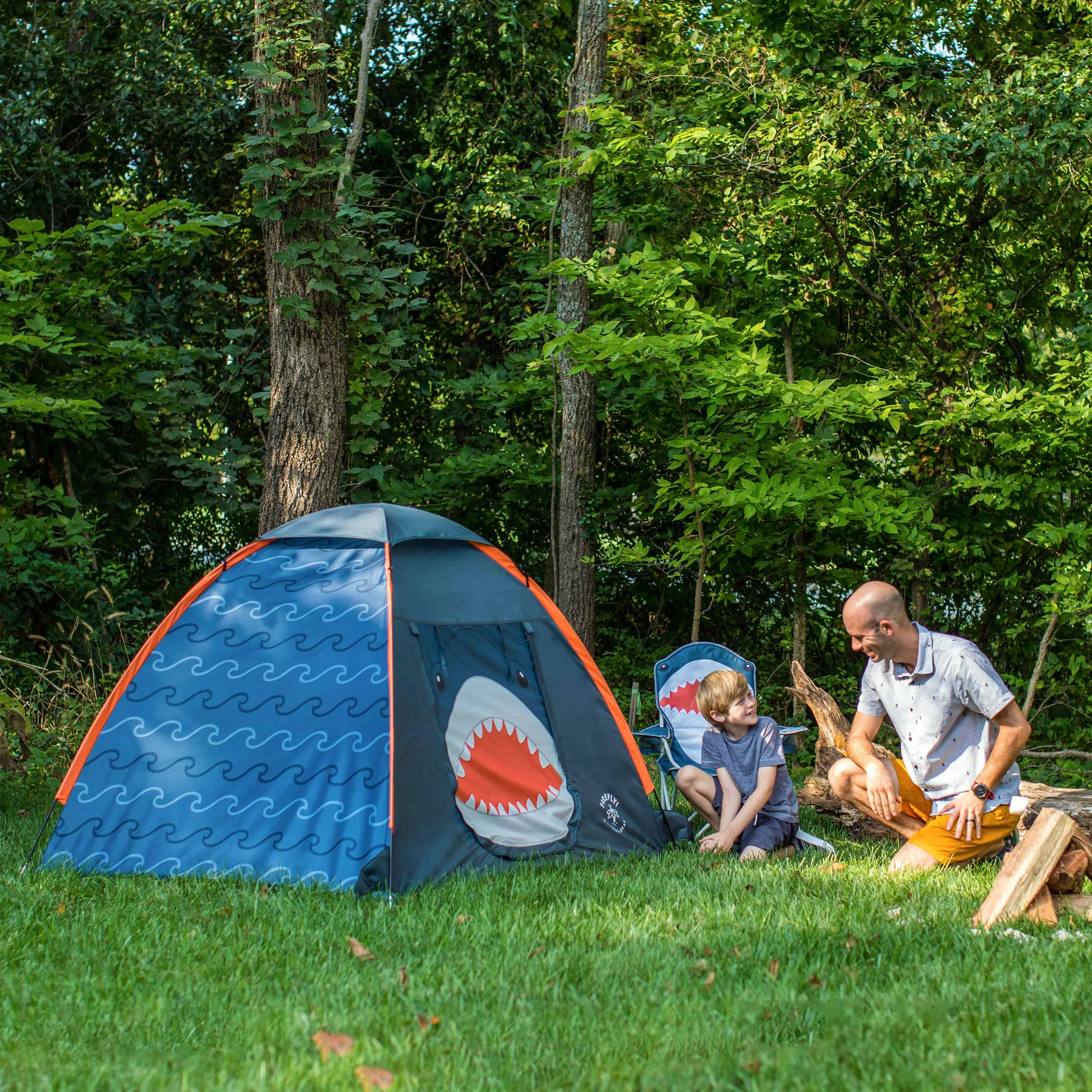 Firefly! Outdoor Gear Finn the Shark 2-Person Kid's Camping Tent - Navy/Orange/Gray Color, One Room - Womvr