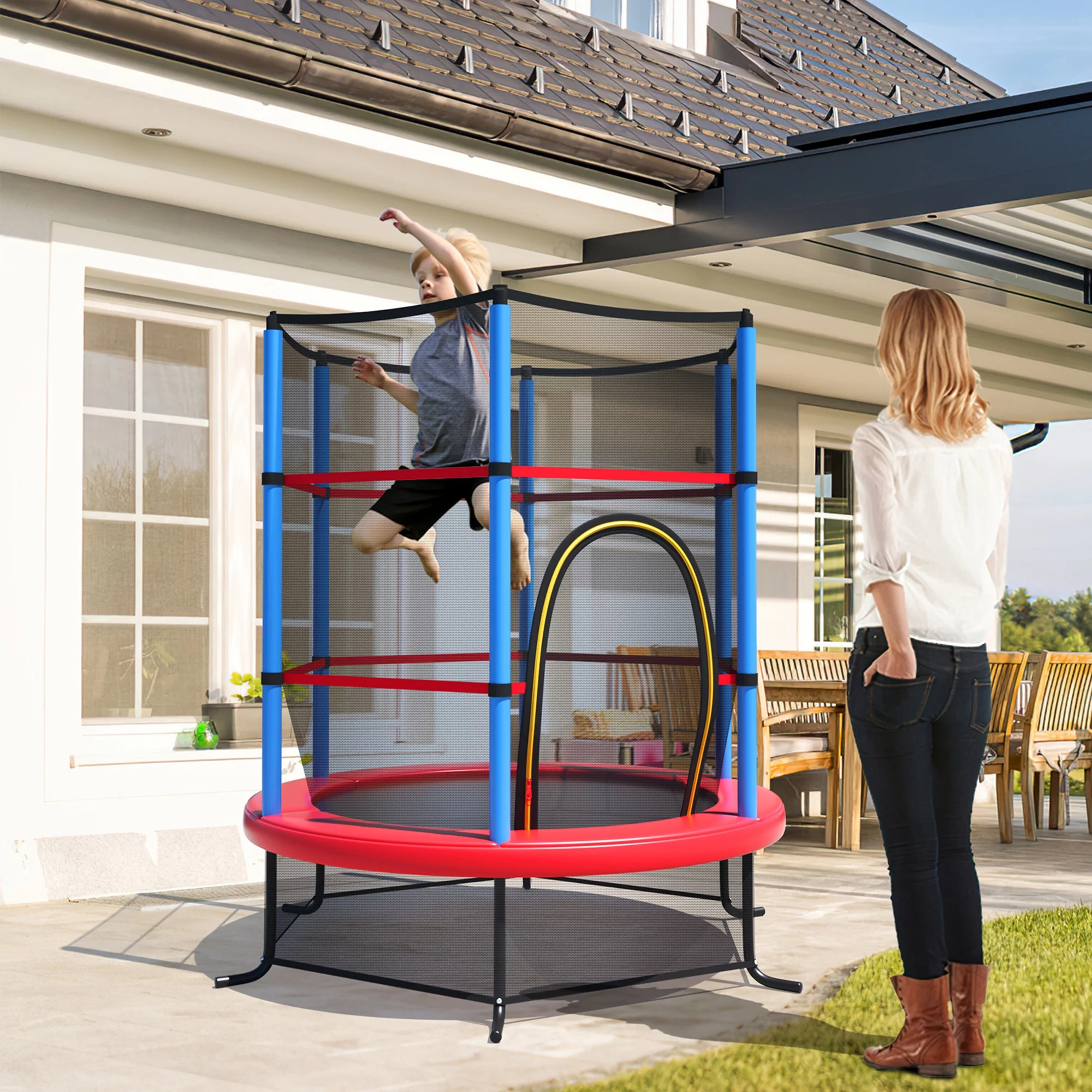 Gymax 55'' Recreational Trampoline for Kids Toddler Trampoline w/ Enclosure Net Navy - Womvr
