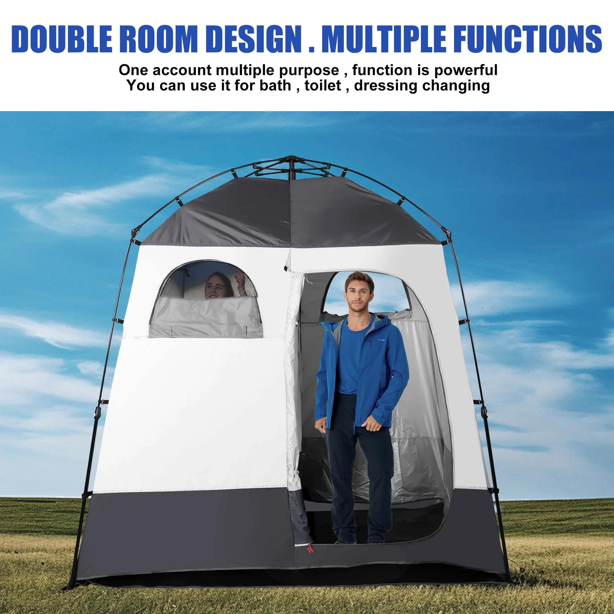 GVDV Camping Shower Tent Oversize Space Privacy Tent Portable Outdoor Shower Tents for Camping with Floor Changing Tent Dressing Room Easy Set Up Shower Privacy Shelter 2 Rooms Toilet Tent - Womvr