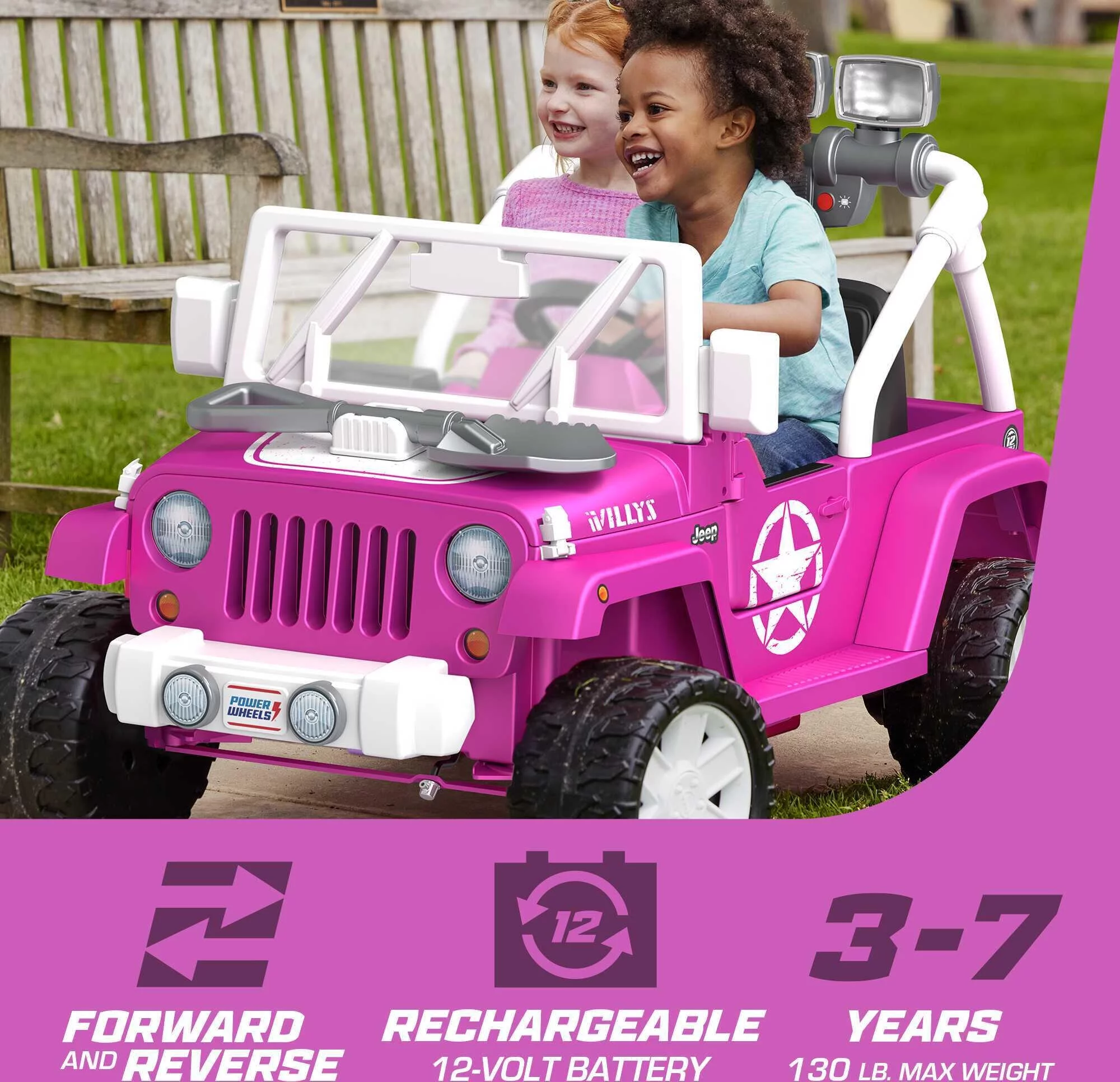 12V Power Wheels Jeep Wrangler Willys Battery-Powered Ride-On Vehicle with Lights & Sounds, Black - Womvr