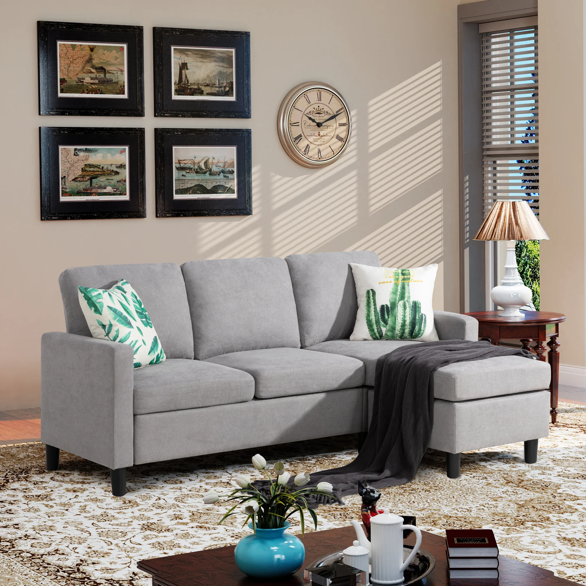Walsunny Convertible Sectional L-Shaped Sofa with Modern Linen Fabric(Grayish Black) - Womvr