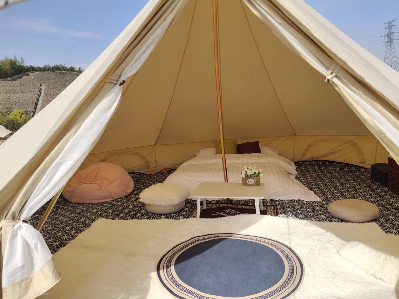 Teepee Tent Outdoor Waterproof 4-Season Family Camping Cotton Canvas Yurt Tent 4M/13.1ft Bell Tent With Stove Hole (Side Wall), For Family Glamping - Womvr