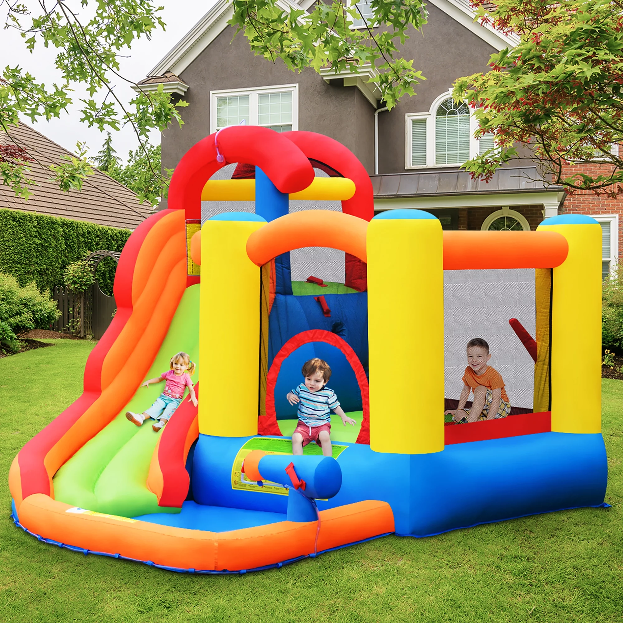Costway Inflatable Bounce House Water Slide w/ Climbing Wall Splash Pool Water Cannon - Womvr