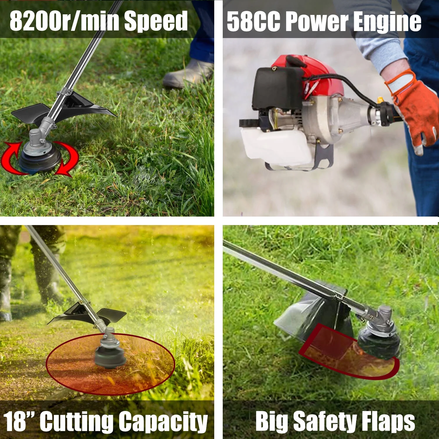 58cc Lawn Mower 4-in-1 Brush Cutter Gas Powered Weed Eater Weed Wacker Adjustable Straight Shaft String Trimmer with 4 Detachable Head for Grass, Weed, Bushes - Womvr