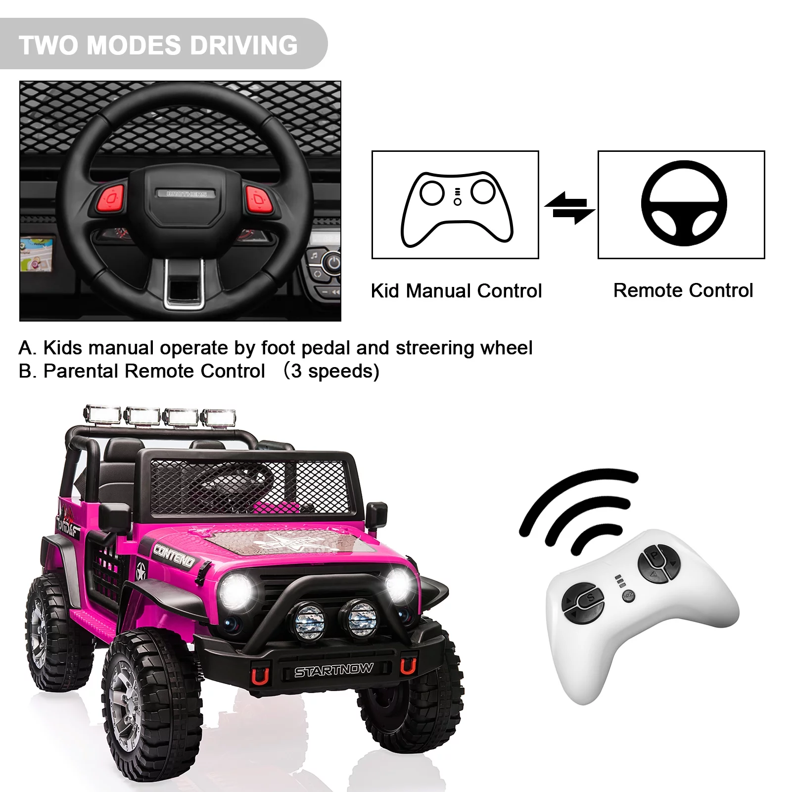 CAIDI 12 V Kids Ride On Truck, 2-Seater Battery Powered Toy Car w/ Remote Control, Spring Suspension, Bluetooth, LED Lights - Womvr