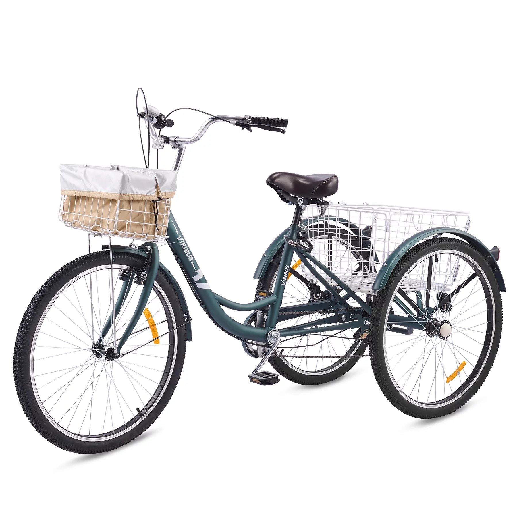 VIRIBUS 24 Inch Adult Trike 7 Speed Bike w Adjustable Seat 2 Baskets Matte Gray - Womvr