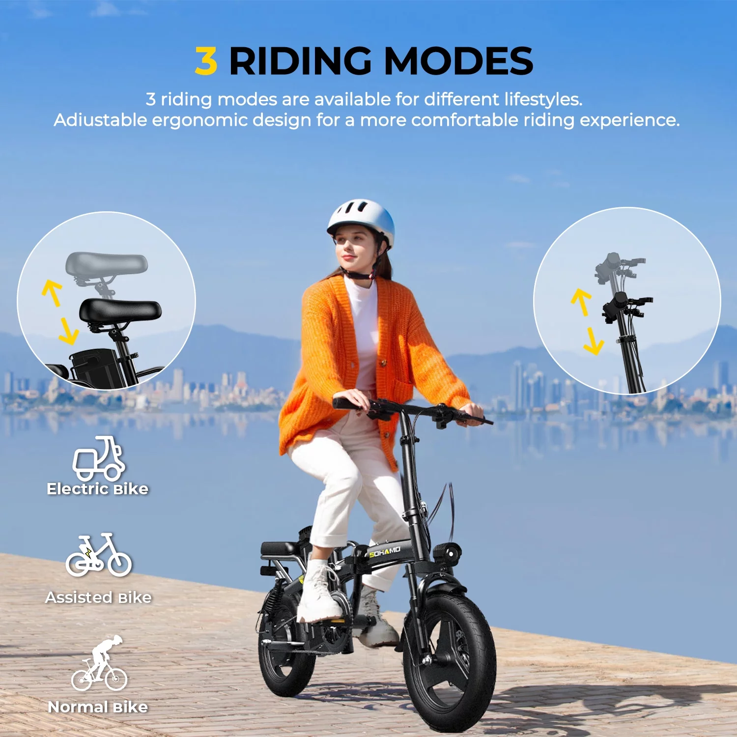 SOHAMO A2 Folding Electric Bike for Adults and Teens, 400W Motor Mini E-Bike 48V 13Ah Removable Battery 20 mph City Commuter Bike, Full Suspension - Womvr
