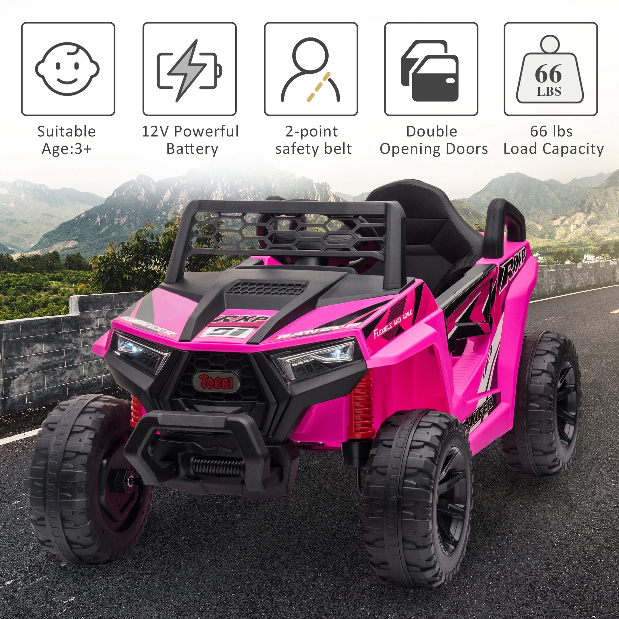 TOBBI 12V Kids Electric off-Road UTV Truck Car Battery Powered Ride on Toys for Girls with LED Headlights, Music, Horn - Womvr