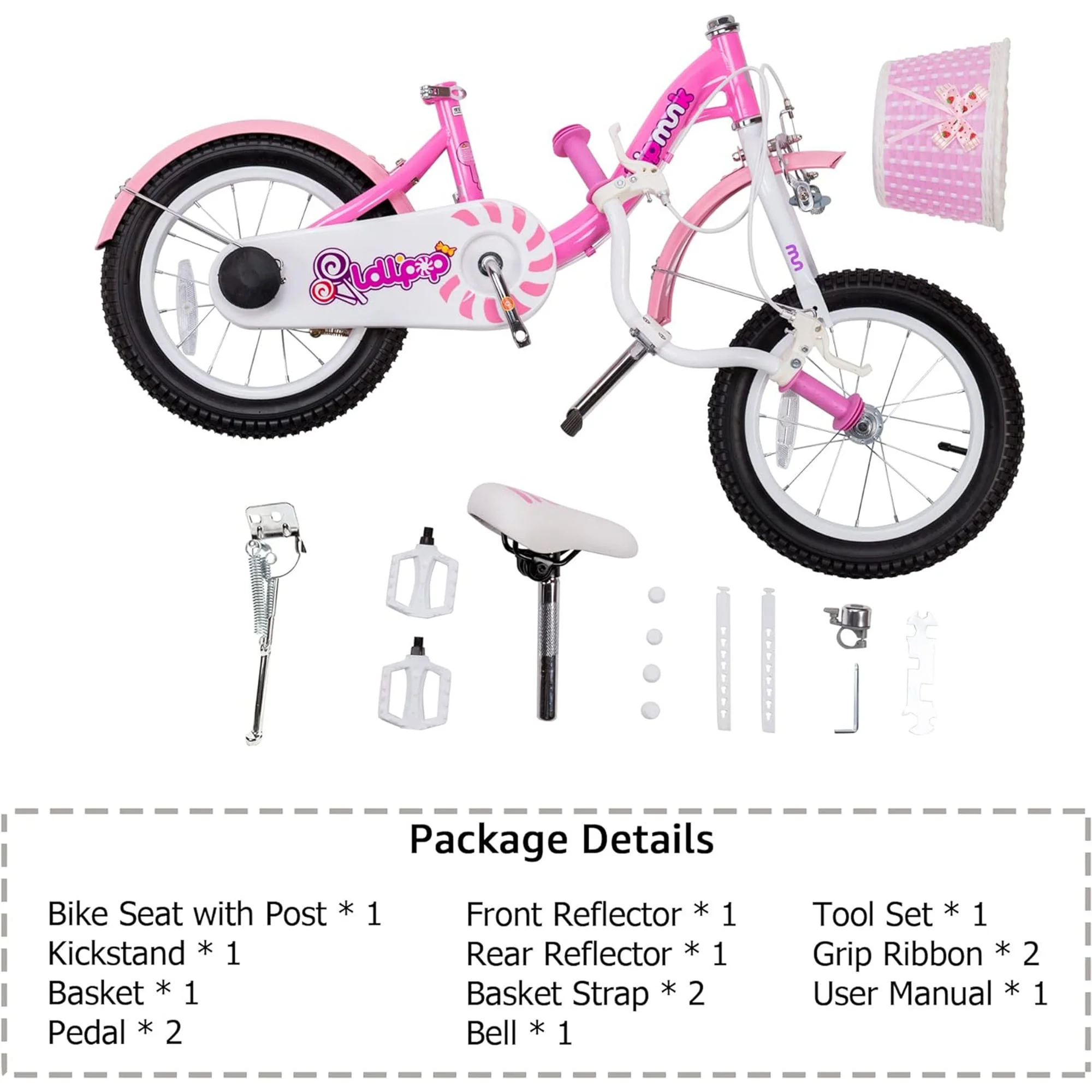 RoyalBaby Chipmunk Girls Kids Bike Bicycle with Basket Training Wheels 14 Inch Lollipop Pink - Womvr