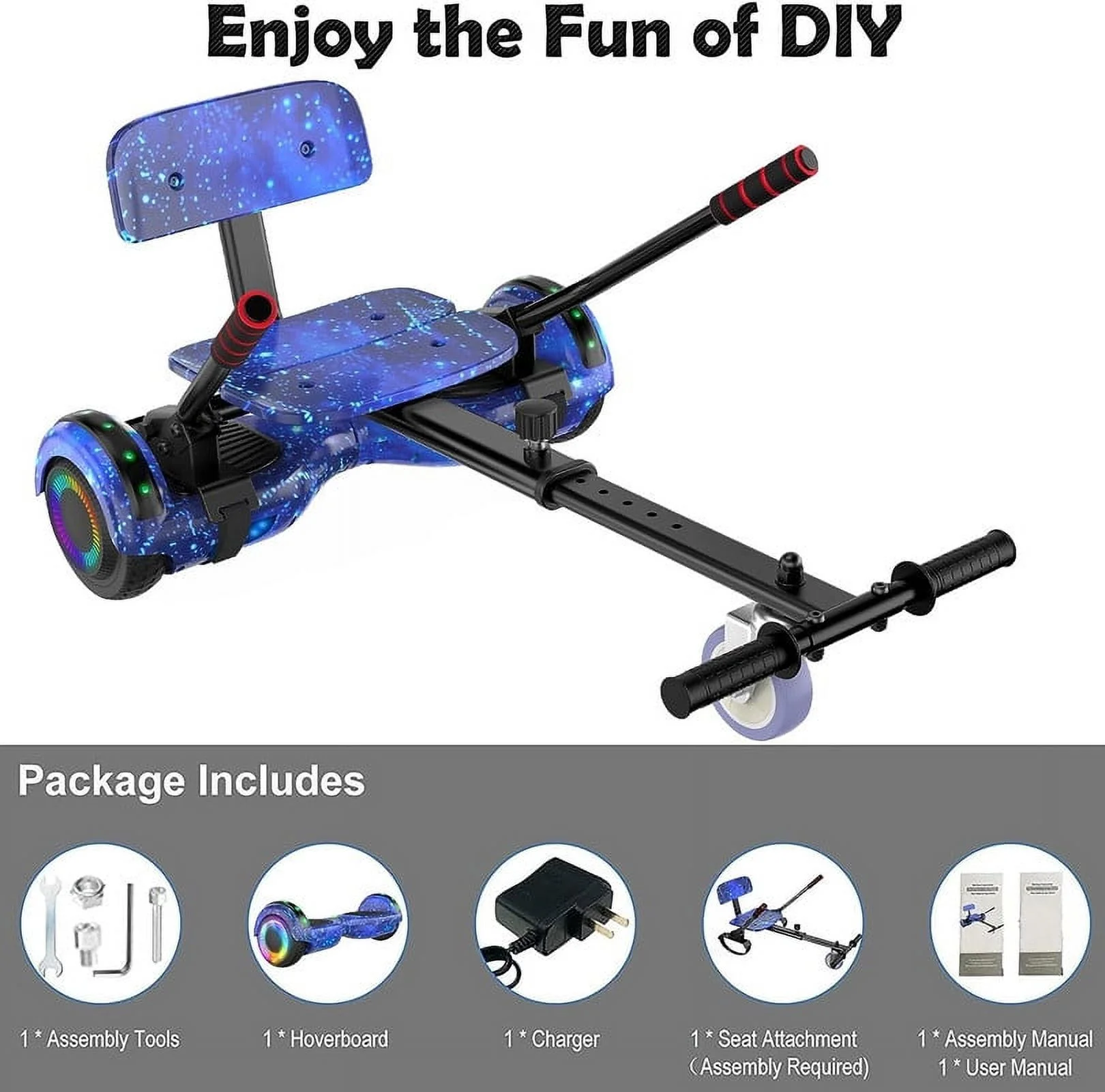 SISIGAD Hoverboard with Seat, 6.5 inch Hoverboard Go Kart Combo with Bluetooth Speaker & LED Lights for Kids Adults - Womvr