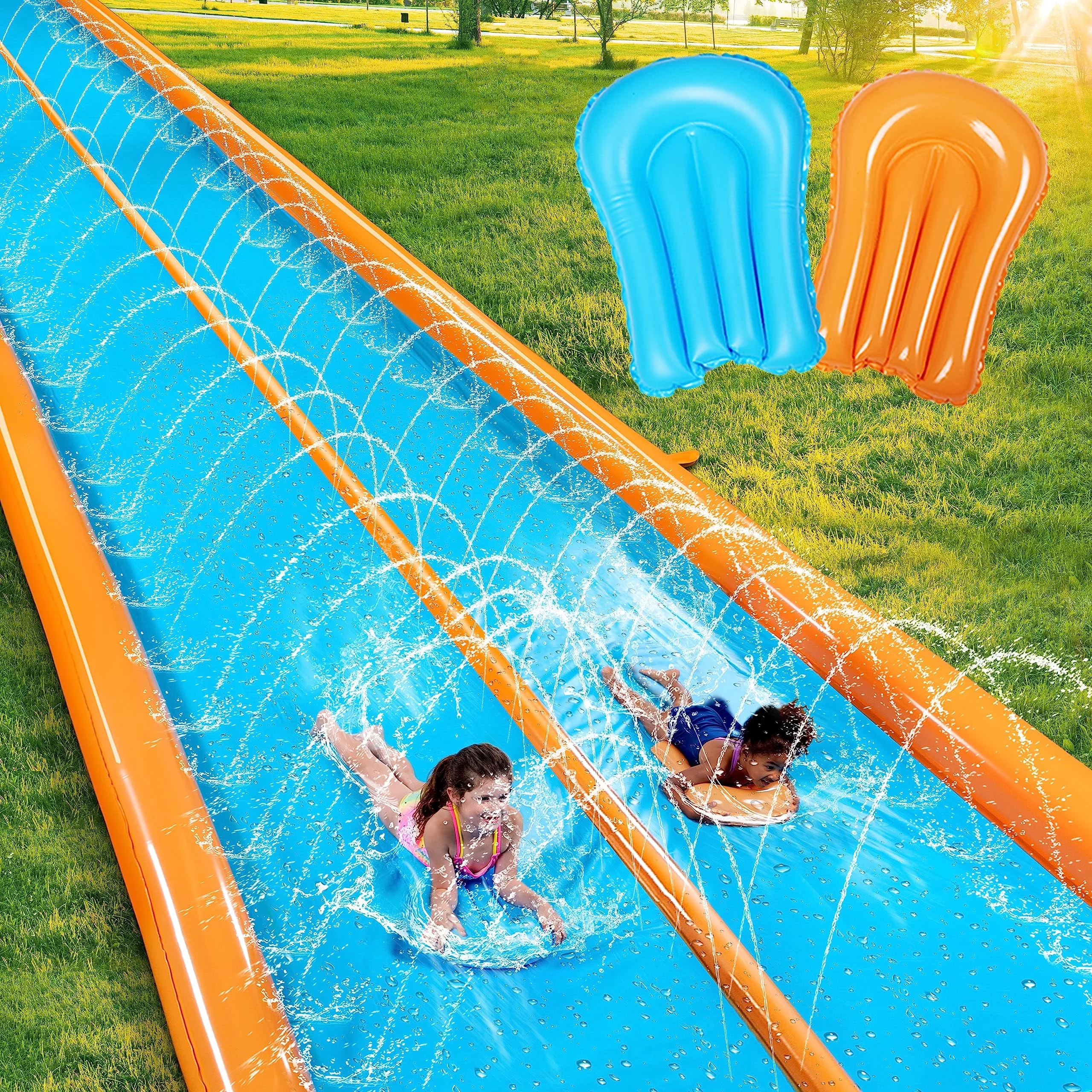 Syncfun 25ft x 7ft Double Water Slide for Adult Kids, Heavy Duty Lawn Water Slide with Sprinkler and 2 Slip Inflatable Boards for Summer Yard Lawn Outdoor Water Play Activities - Womvr