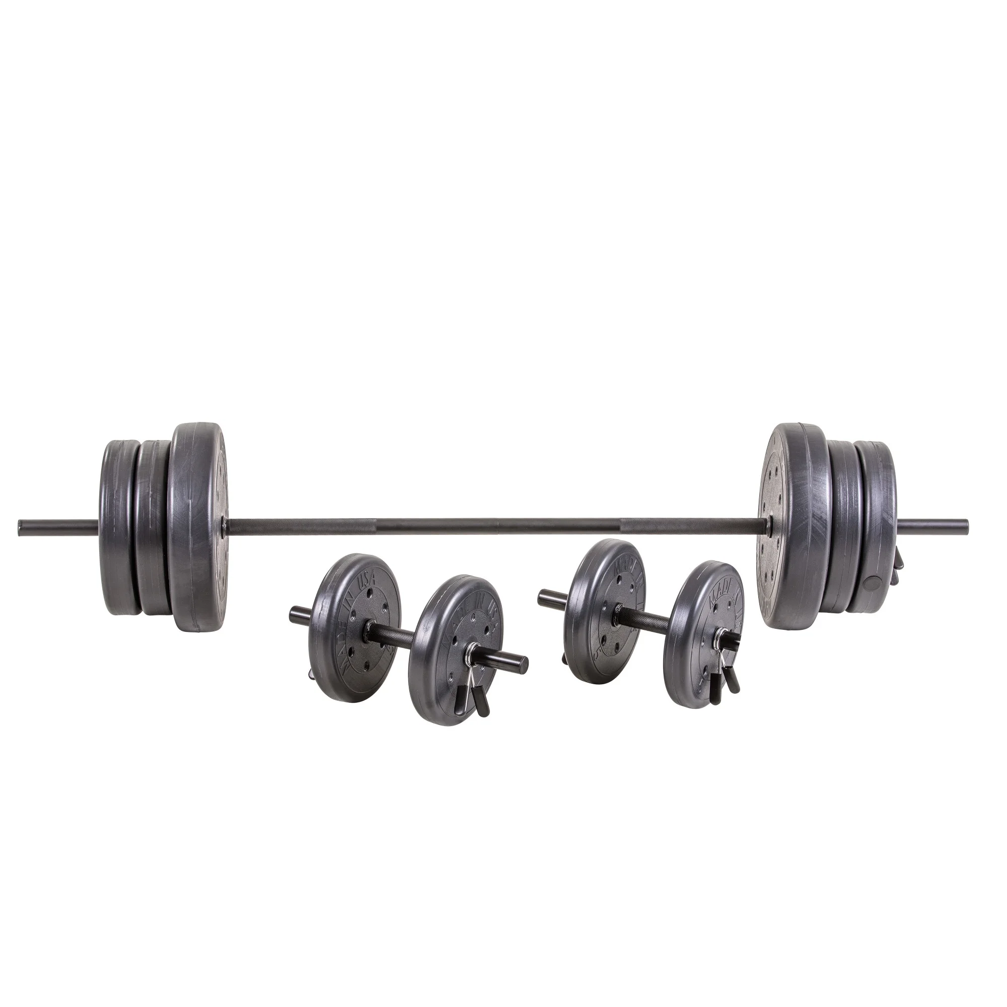 105 lb Barbell and Dumbell  Weight Set Featuring Two 20 lb., Four 10 lb. and Four 5 lb. Weights, Two Dumbbell Bars & Full 6-foot Length Bar - Womvr