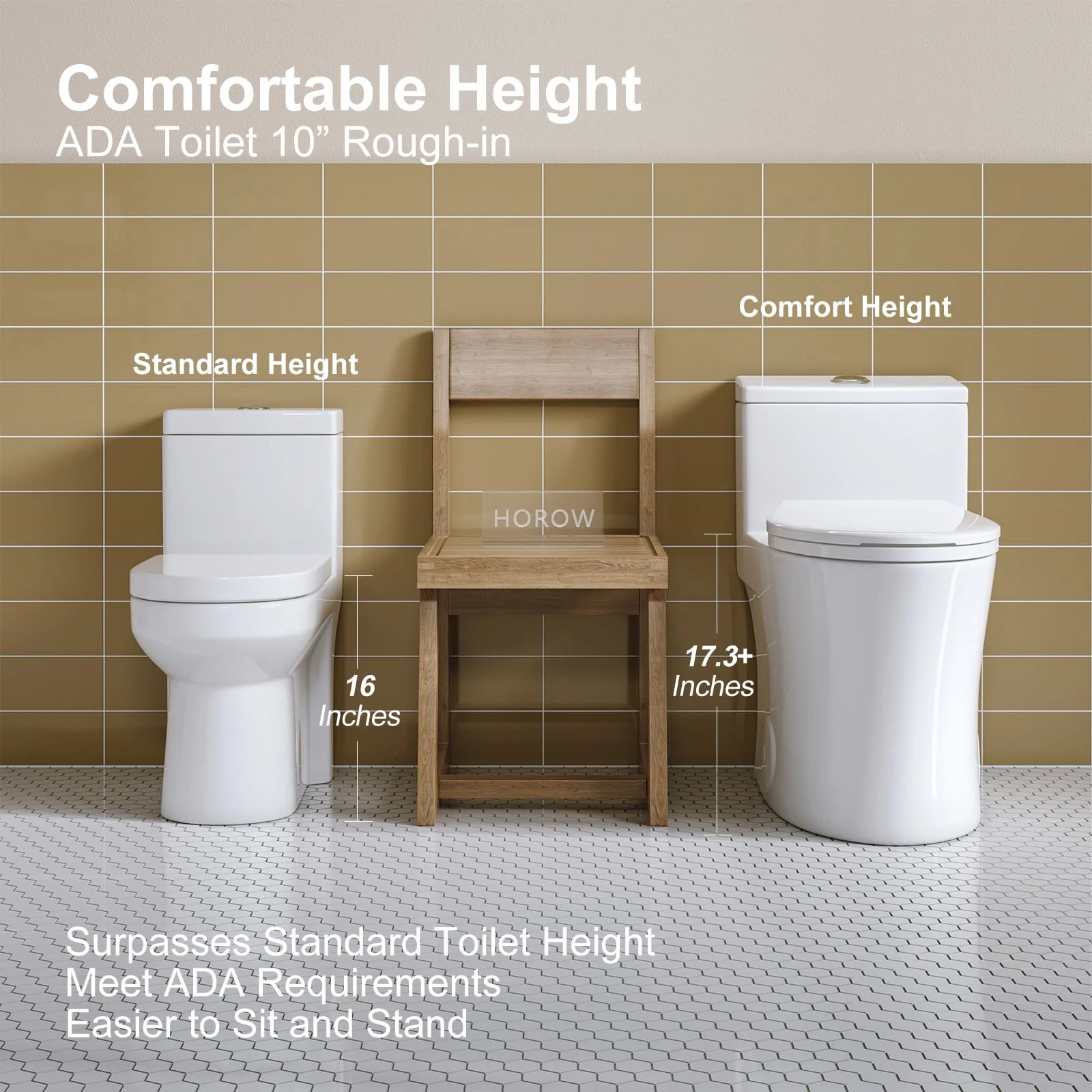 HOROW T0338W Elongated One Piece Toilet with Comfort Chair Seat ADA Height 17.3