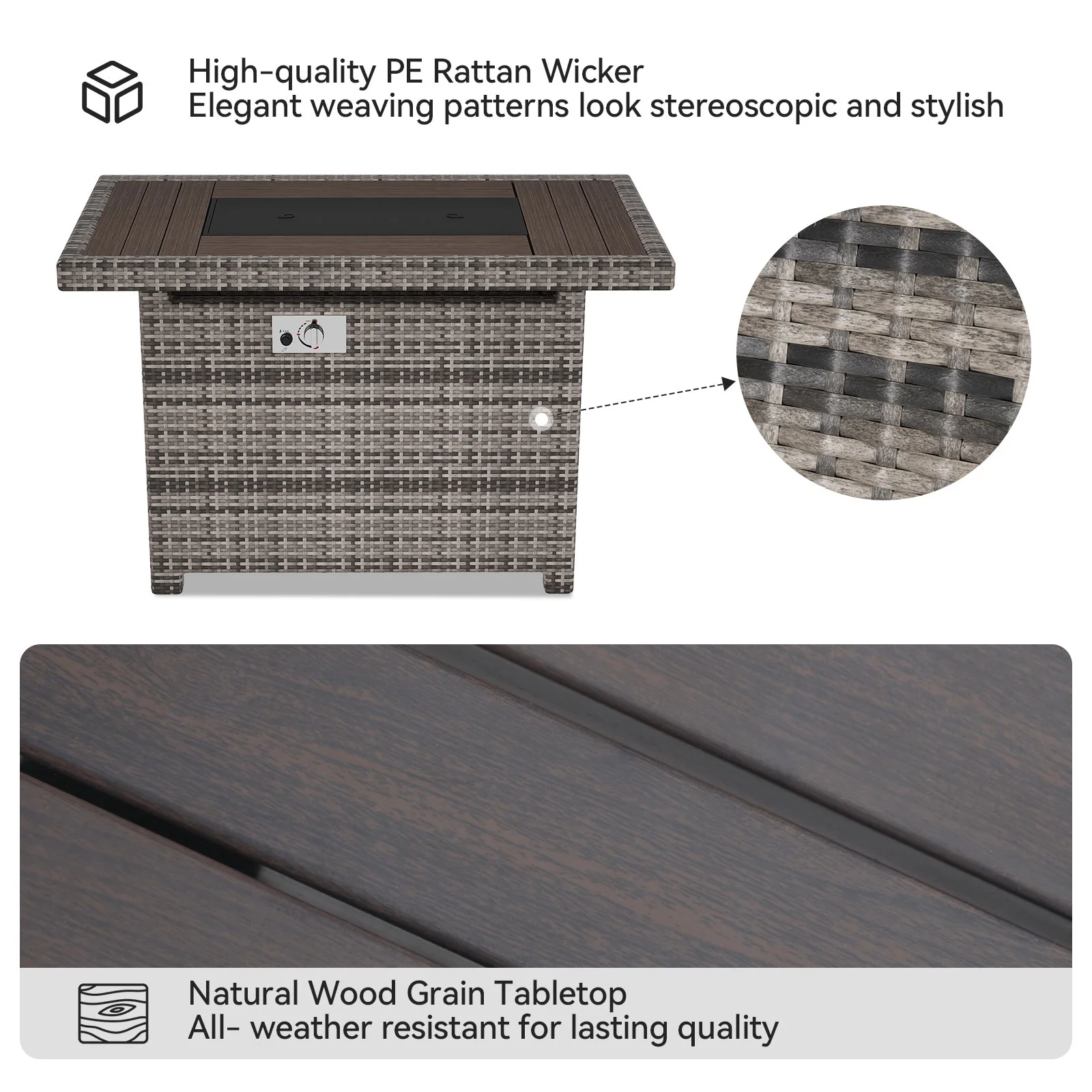 Aoxun 40'' Fire Pit Table 50,000 BTU Propane Gas Fire Pit Table W/ Cover, Glass Beads, Tank Holder, Gray Wicker - Womvr